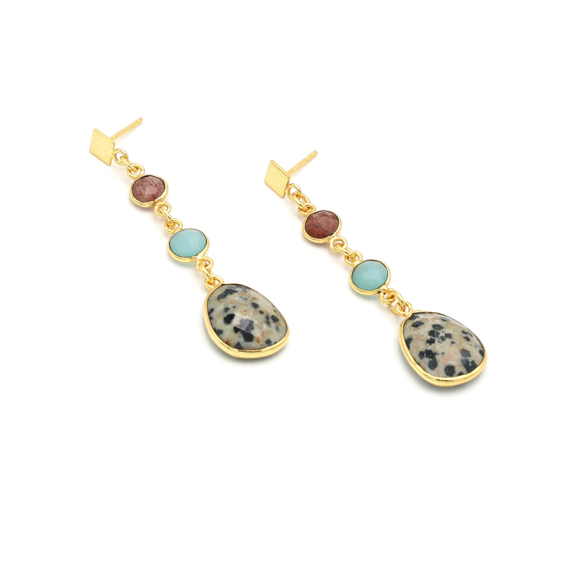 DuaStrawberryBlueChalcedonyDalmatianJasperEarrings_HandcraftedGold-PlatedUniqueJewelry