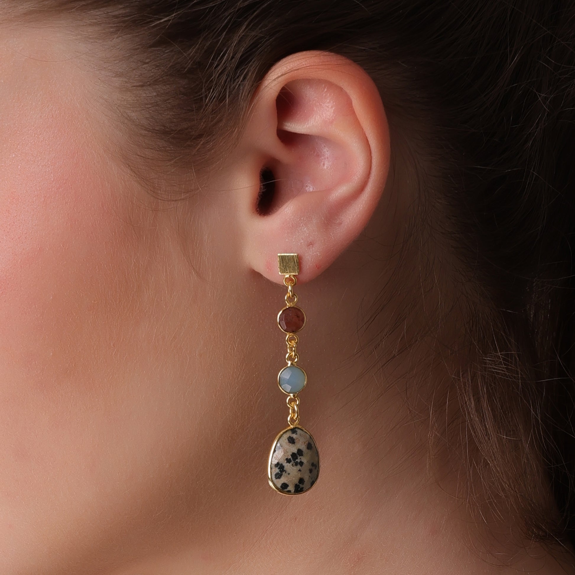 DuaStrawberryBlueChalcedonyDalmatianJasperEarrings_HandcraftedGold-PlatedUniqueJewelry