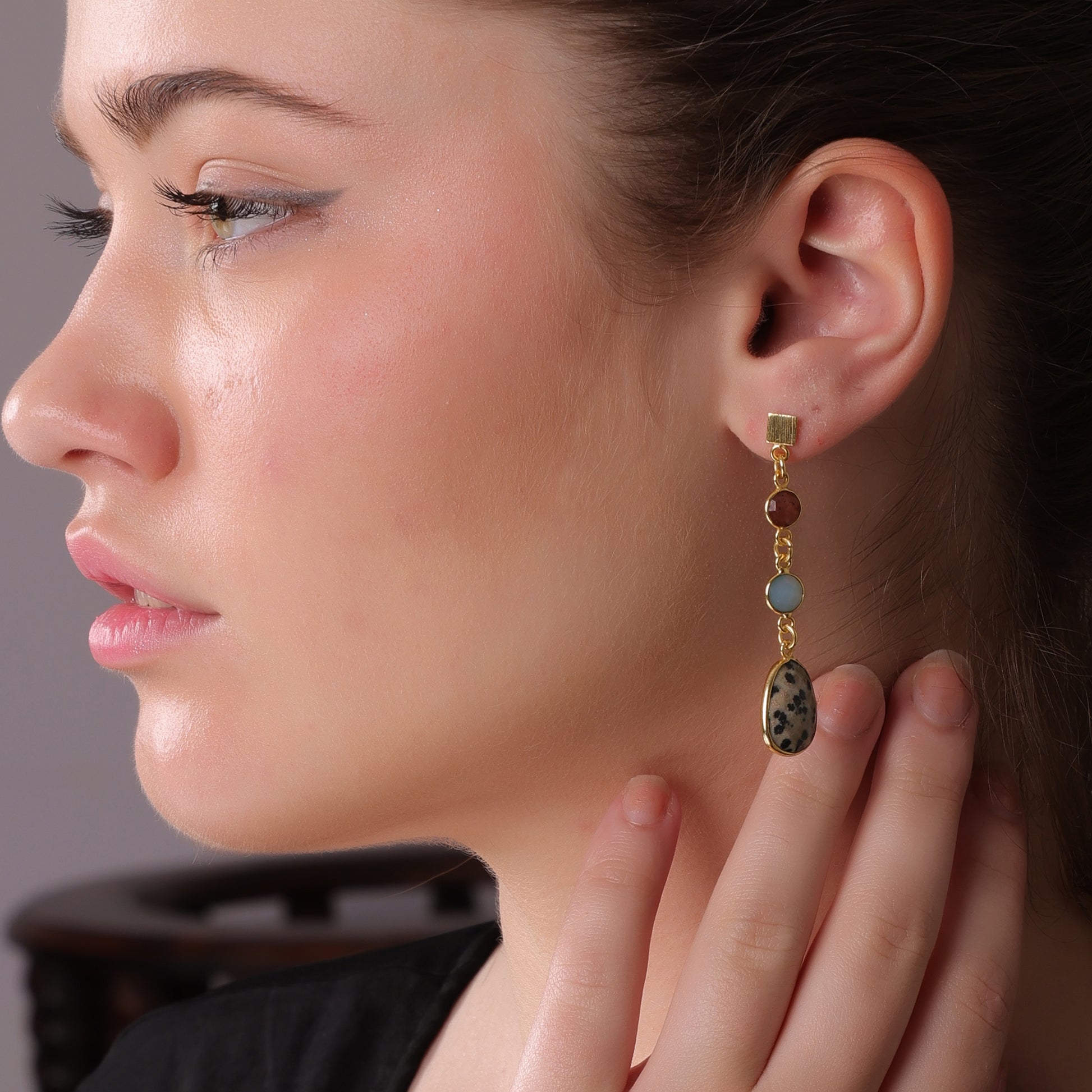 DuaStrawberryBlueChalcedonyDalmatianJasperEarrings_HandcraftedGold-PlatedUniqueJewelry
