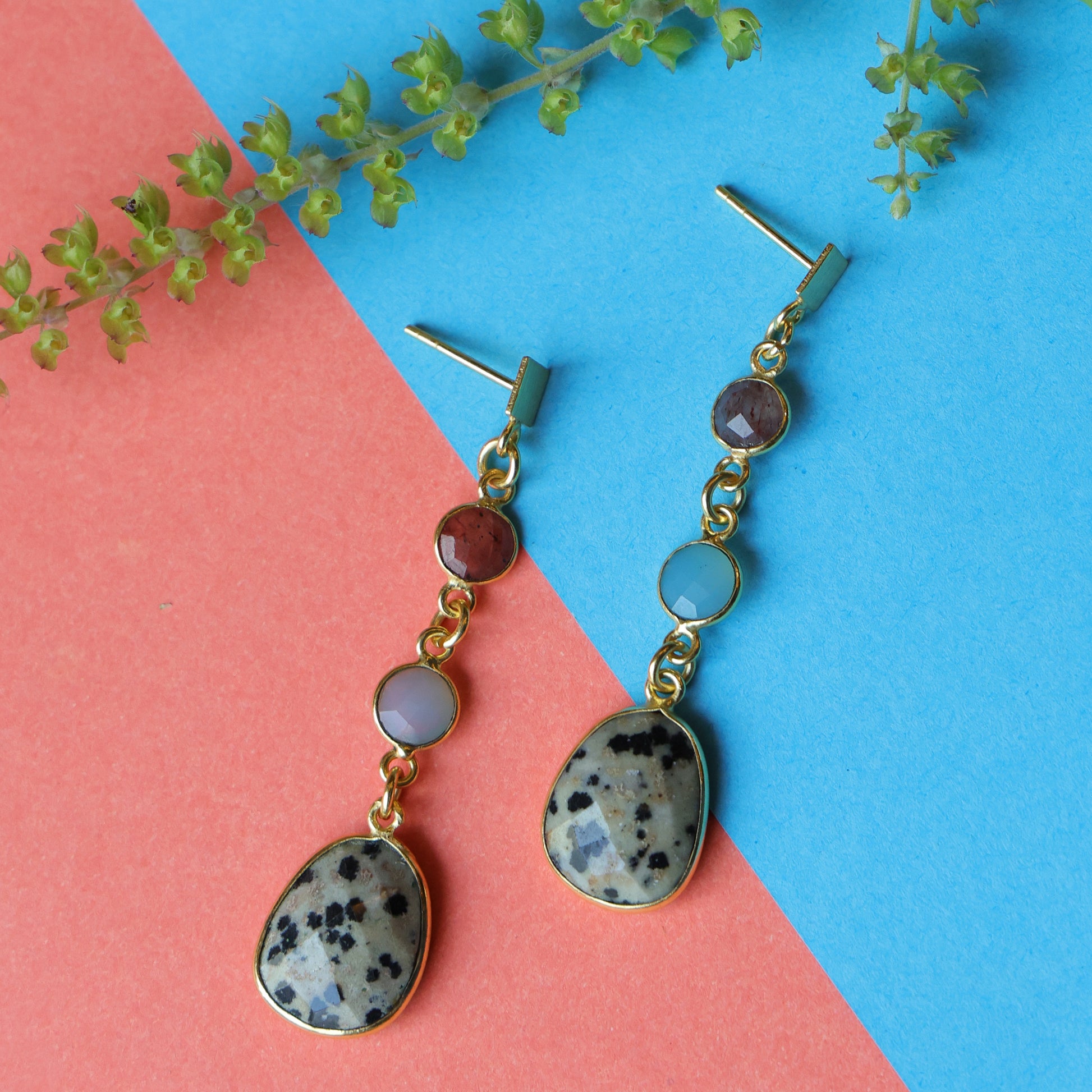 DuaStrawberryBlueChalcedonyDalmatianJasperEarrings_HandcraftedGold-PlatedUniqueJewelry_6