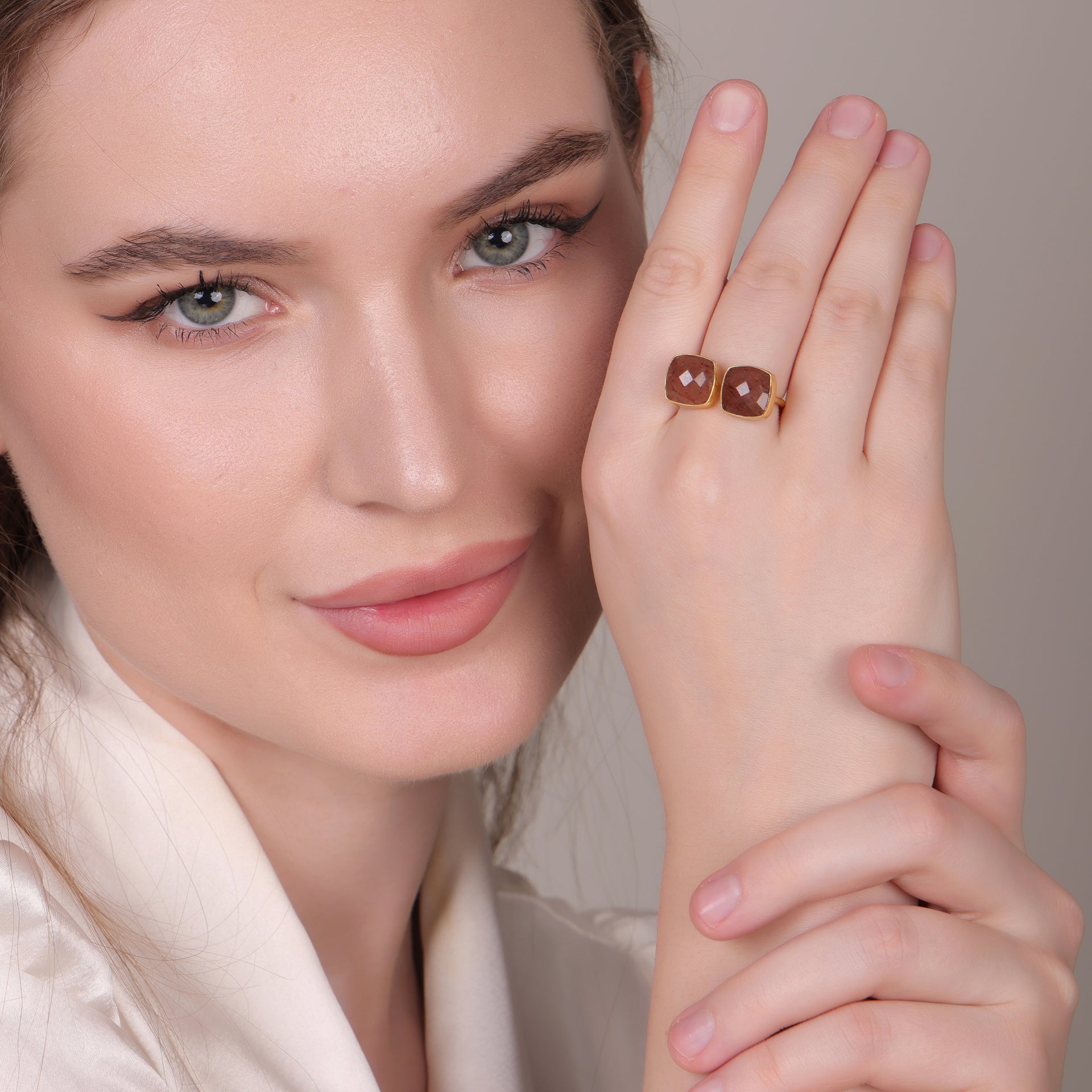 Dua Strawberry Quartz Cushion Ring | Adjustable Gold Plated Women’s Jewelry