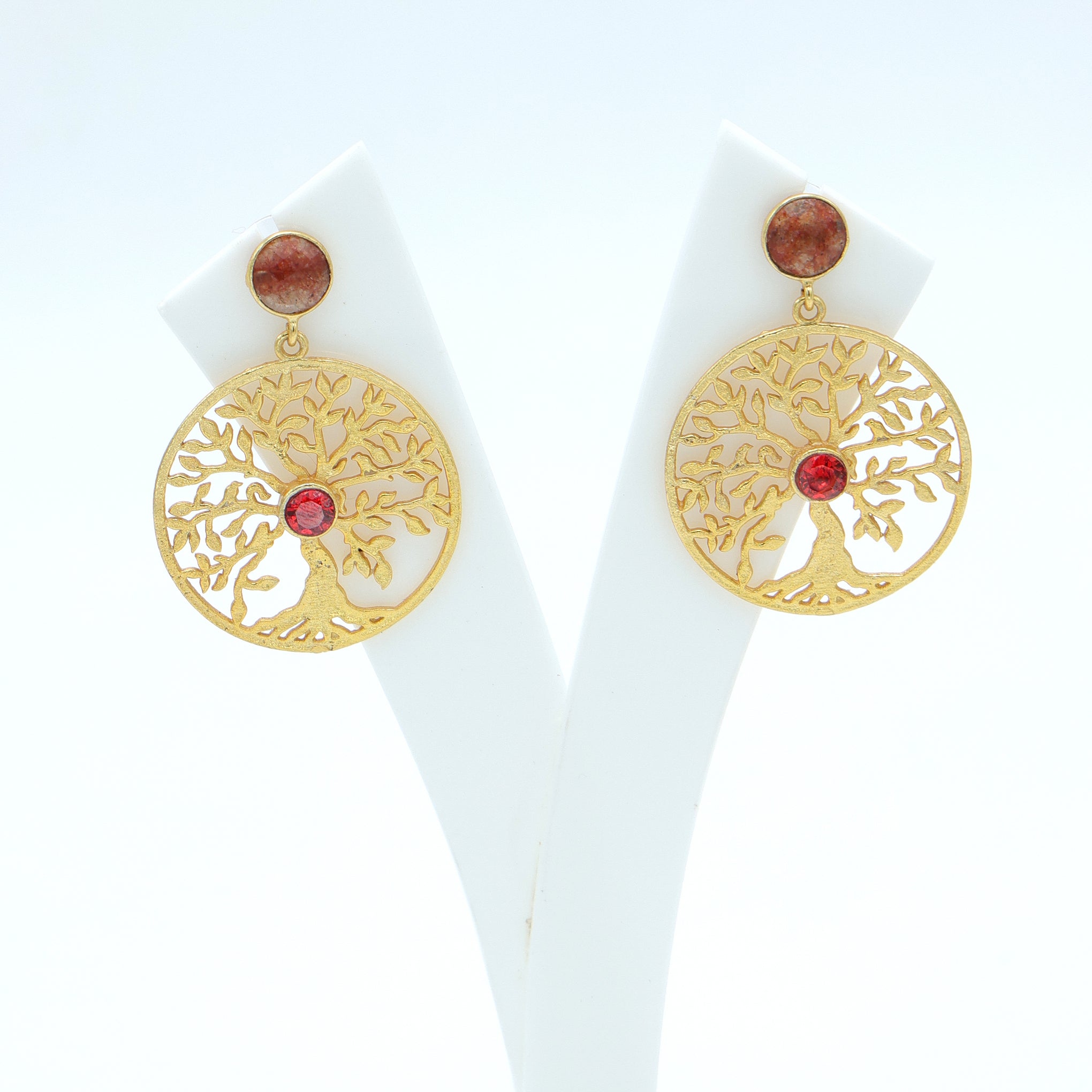 Dua Strawberry Quartz Tree Earrings – Handmade Gold-Plated Statement Jewelry - Dua Online