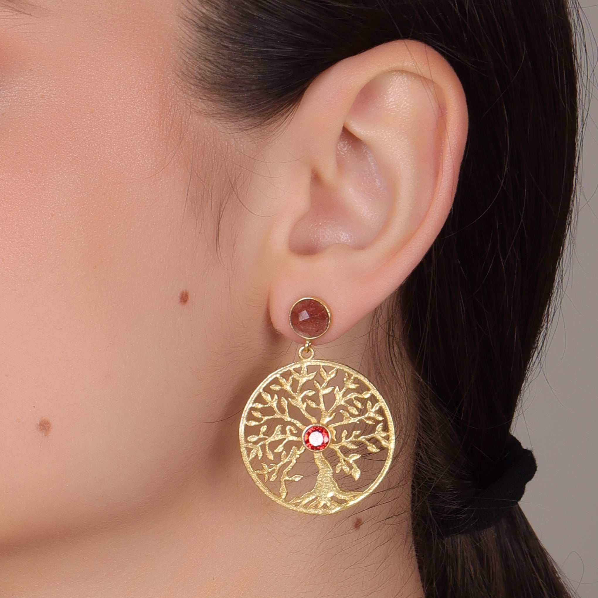 Dua Strawberry Quartz Tree Earrings – Handmade Gold-Plated Statement Jewelry - Dua Online