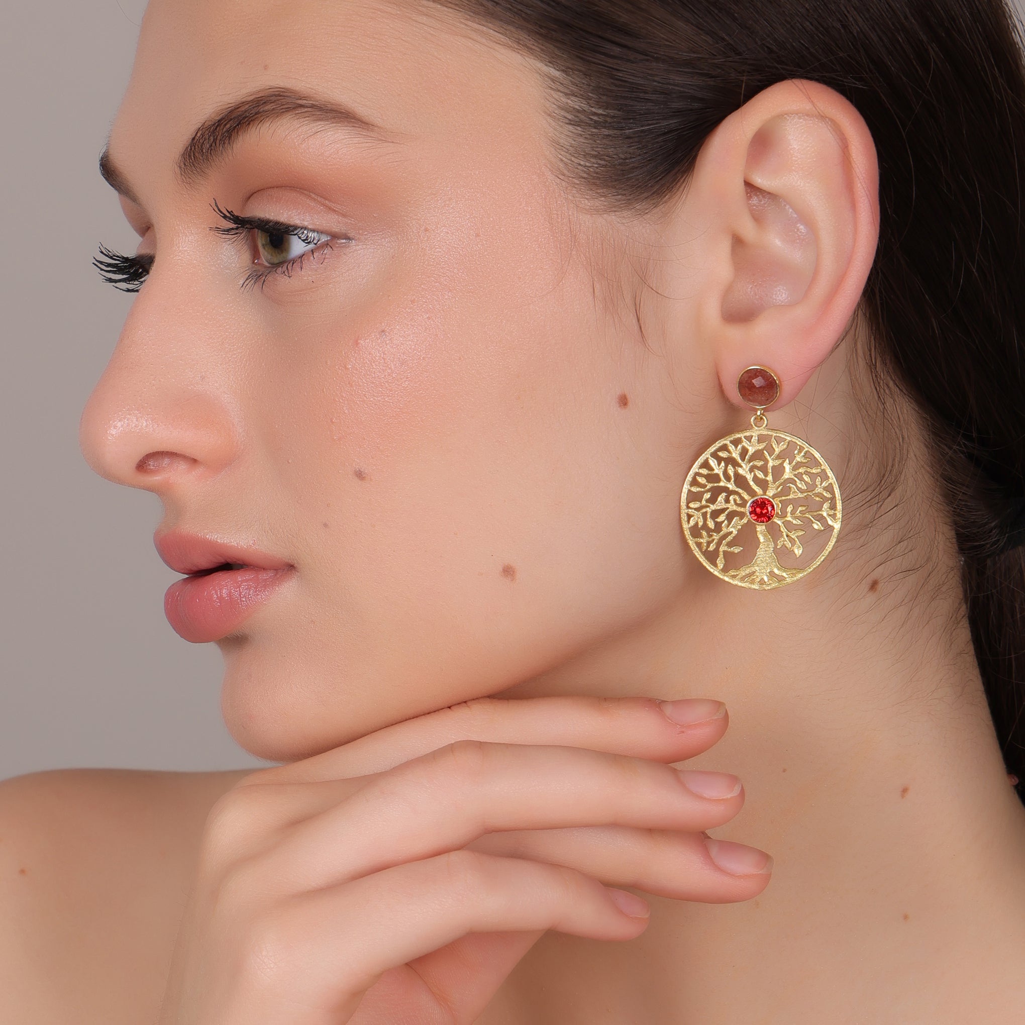 Dua Strawberry Quartz Tree Earrings – Handmade Gold-Plated Statement Jewelry - Dua Online