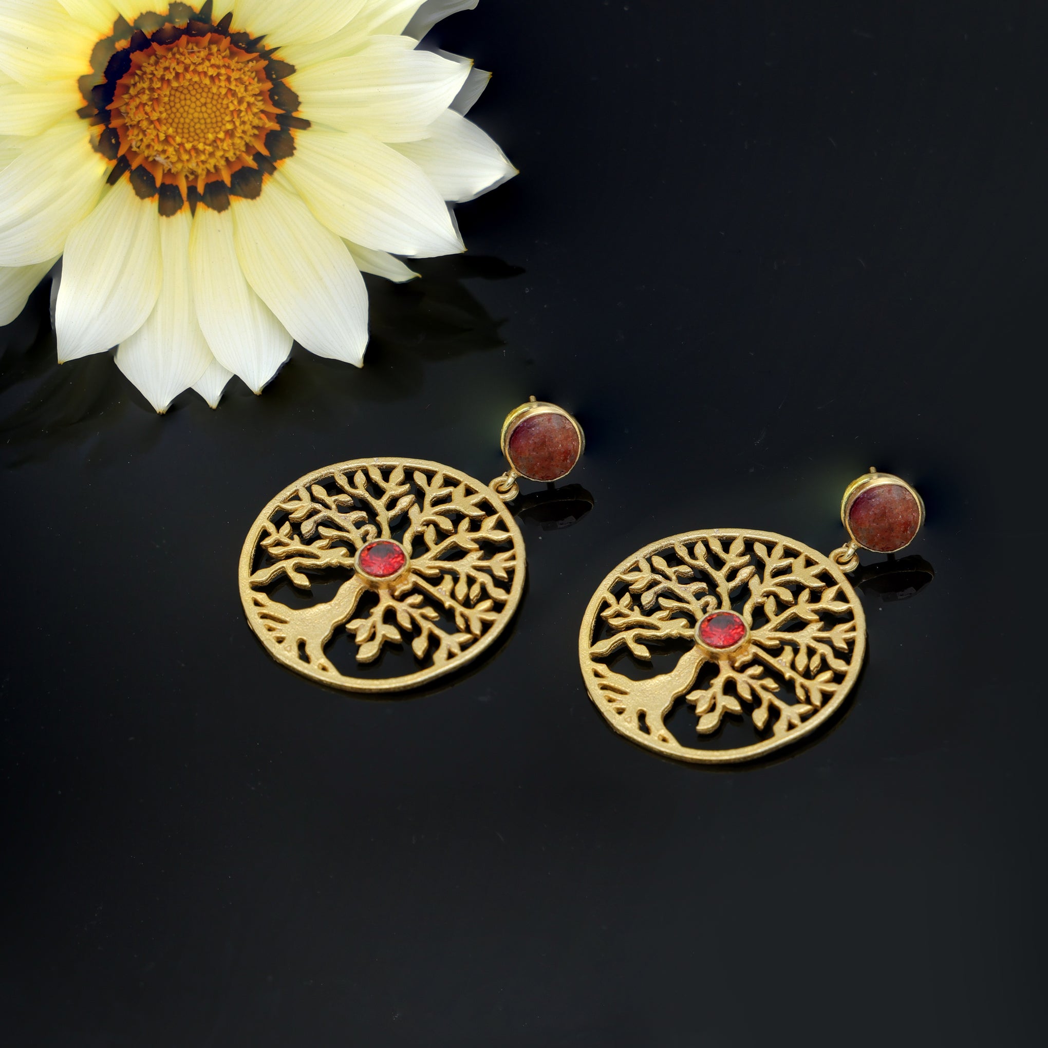 Dua Strawberry Quartz Tree Earrings – Handmade Gold-Plated Statement Jewelry - Dua Online
