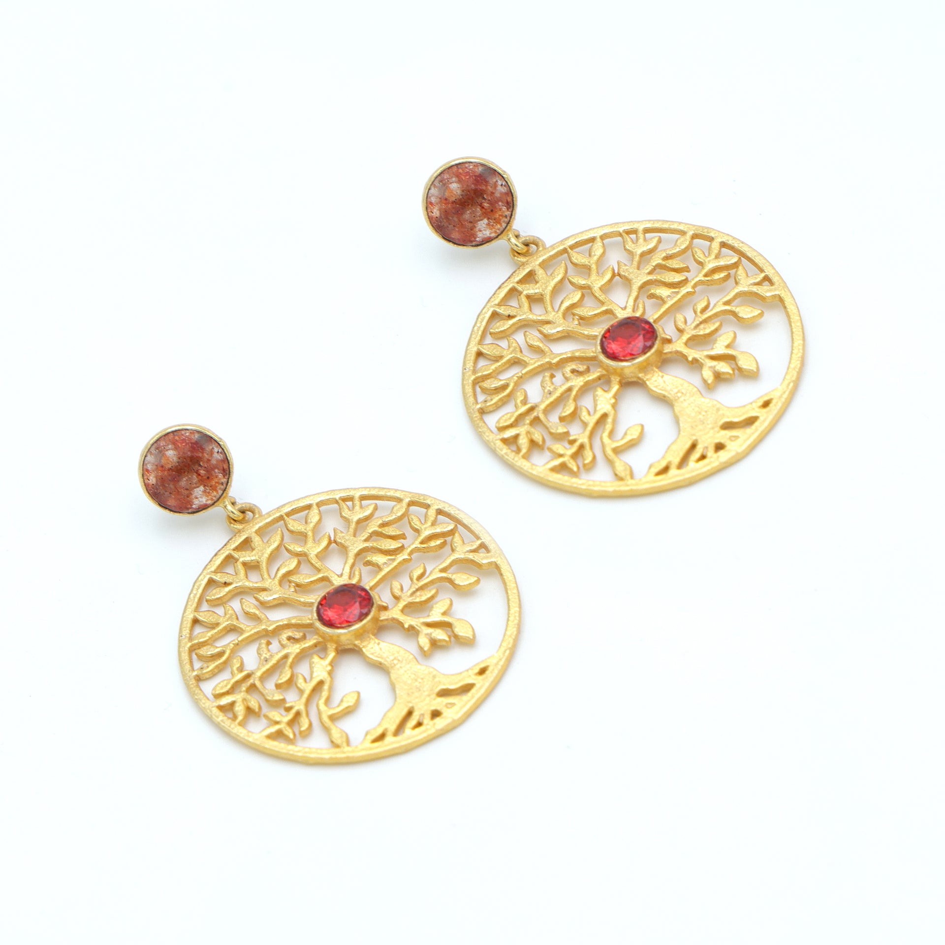 Dua Strawberry Quartz Tree Earrings – Handmade Gold-Plated Statement Jewelry - Dua Online