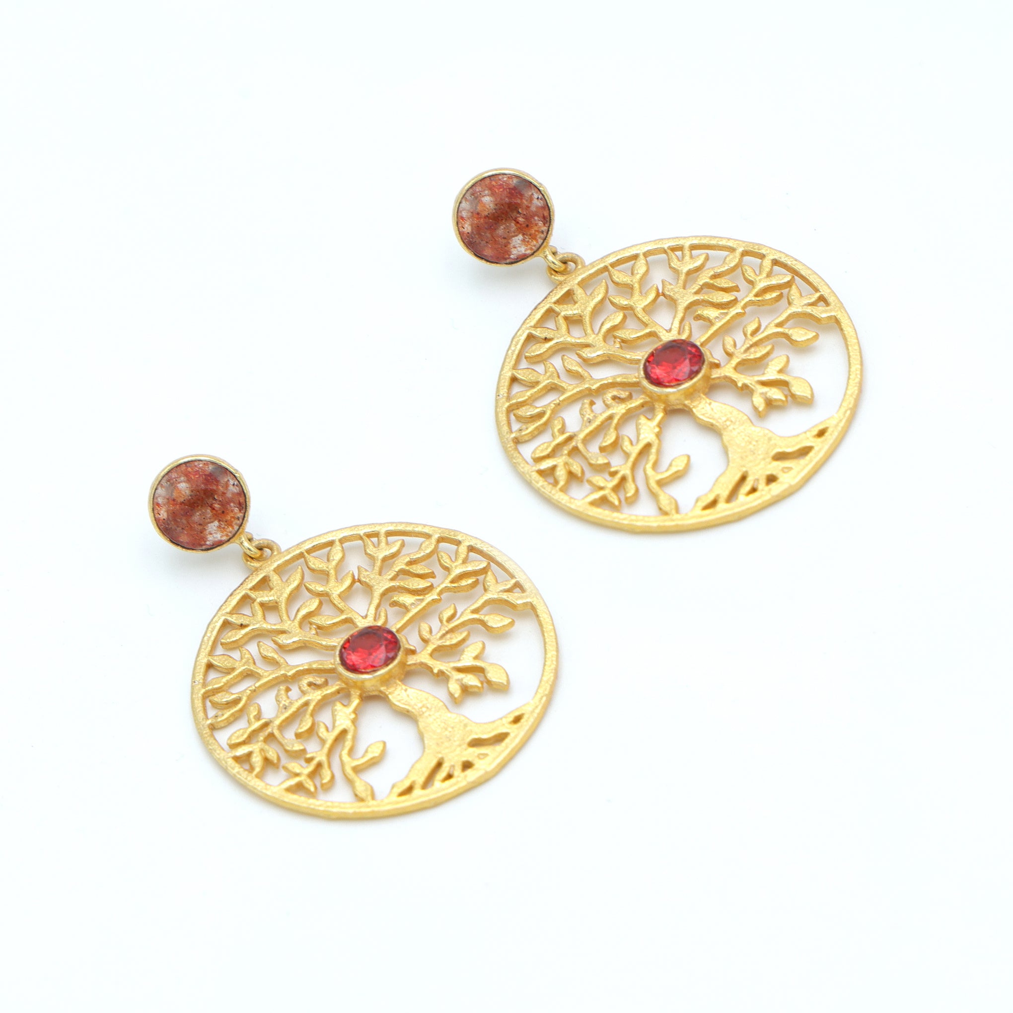 Dua Strawberry Quartz Tree Earrings – Handmade Gold-Plated Statement Jewelry - Dua Online