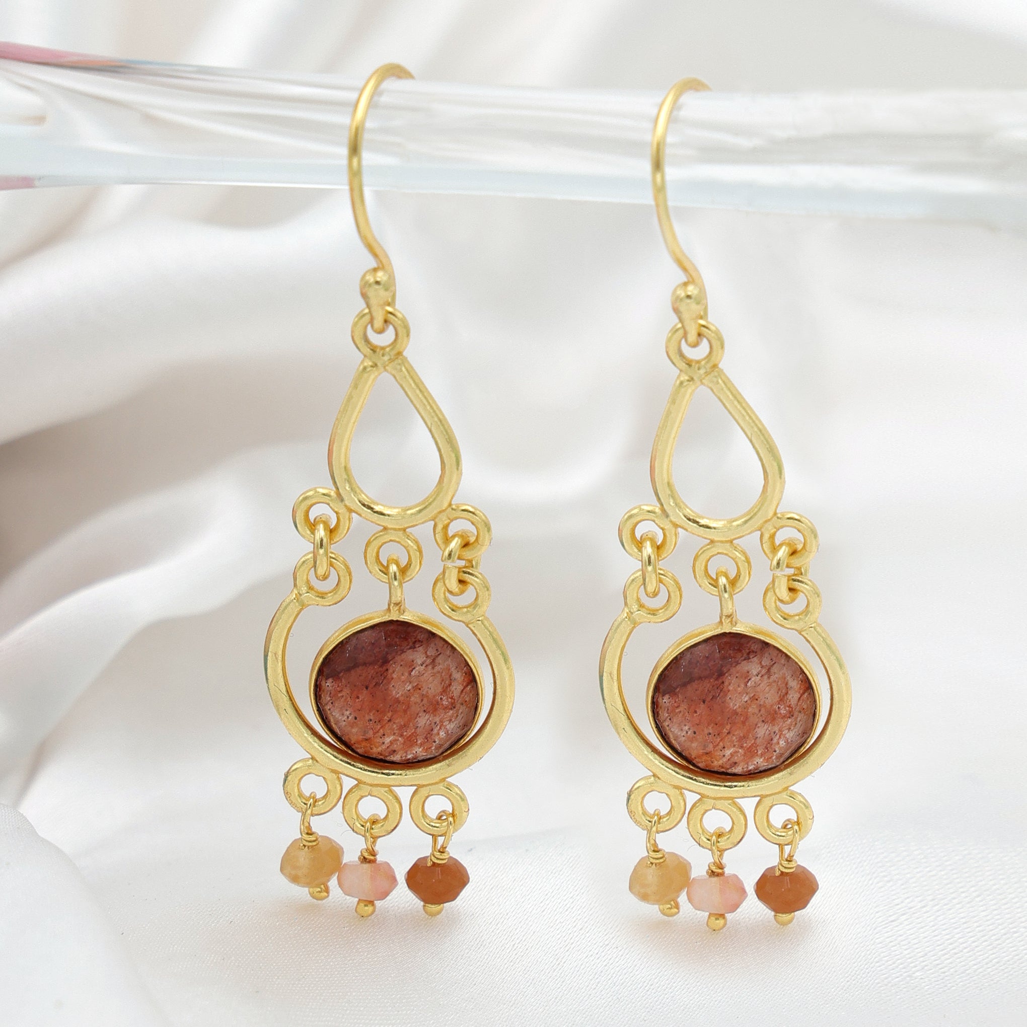 DuaStrawberryQuartzandPinkOpalEarringsHandmadeGoldPlatedJewelry
