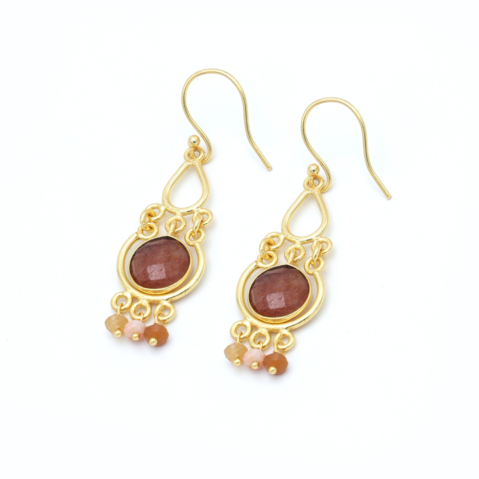 DuaStrawberryQuartzandPinkOpalEarringsHandmadeGoldPlatedJewelry