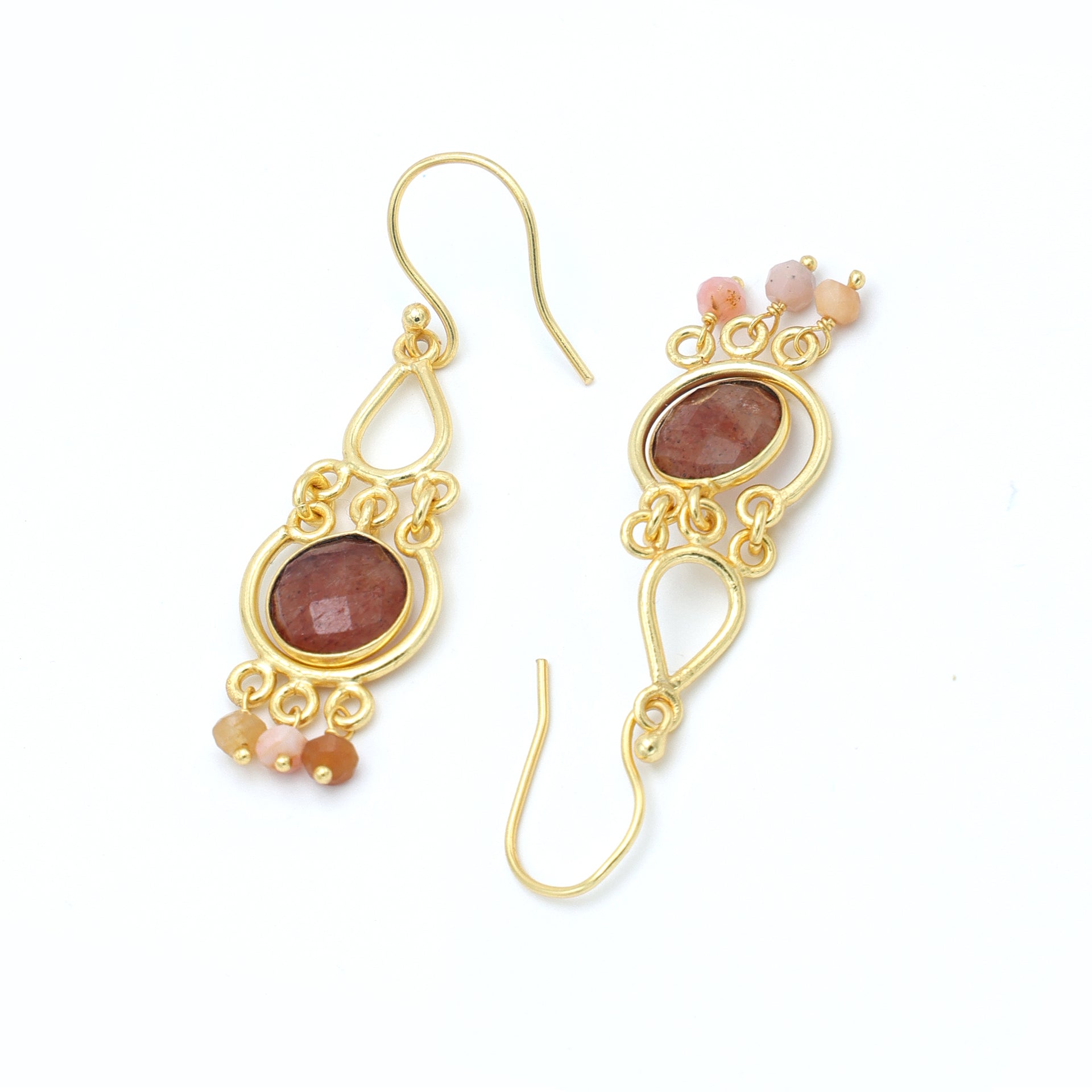 DuaStrawberryQuartzandPinkOpalEarringsHandmadeGoldPlatedJewelry