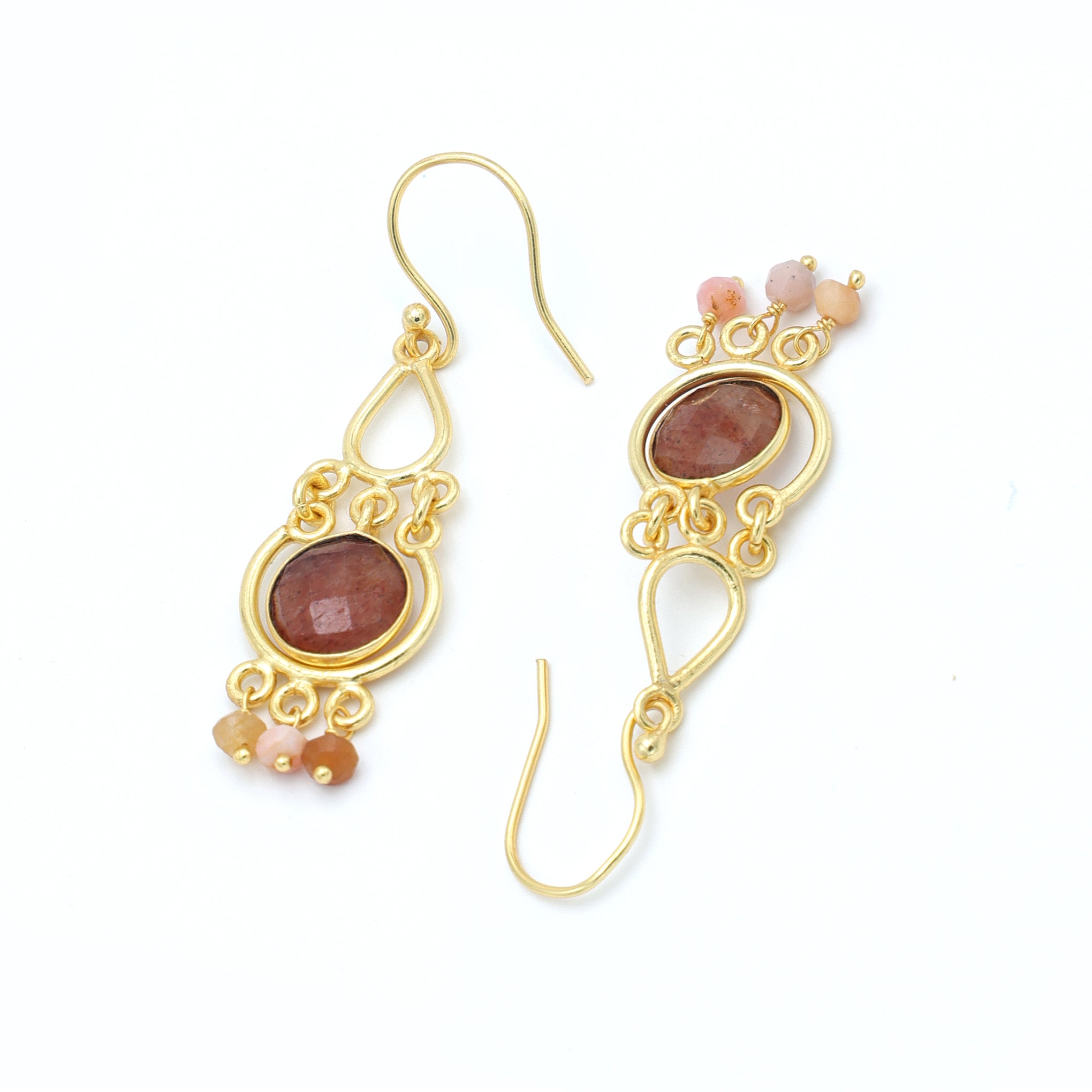 DuaStrawberryQuartzandPinkOpalEarringsHandmadeGoldPlatedJewelry