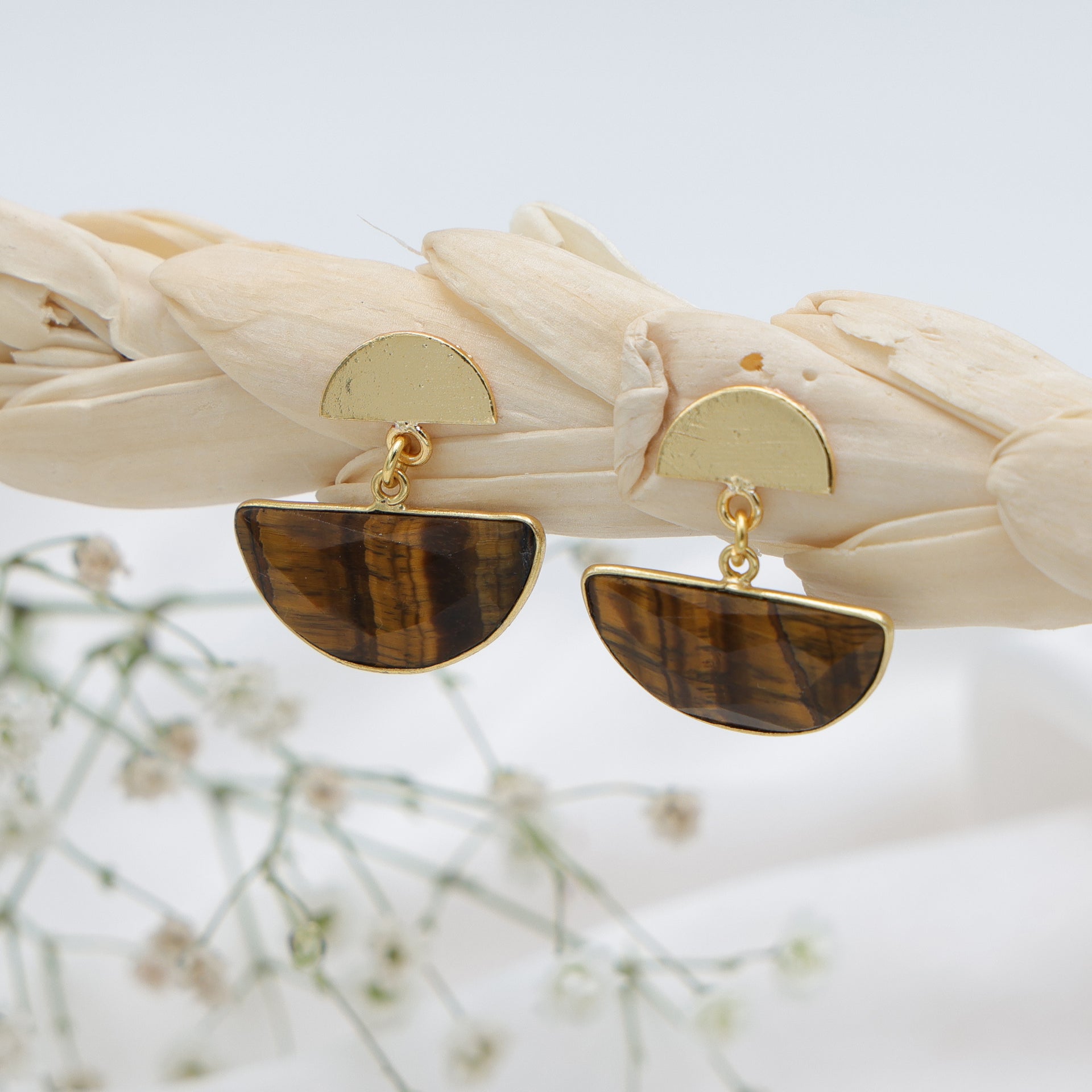 Dua Tiger Eye Half Moon Earrings – Handmade Gold-Plated Statement Jewelry - Dua Online