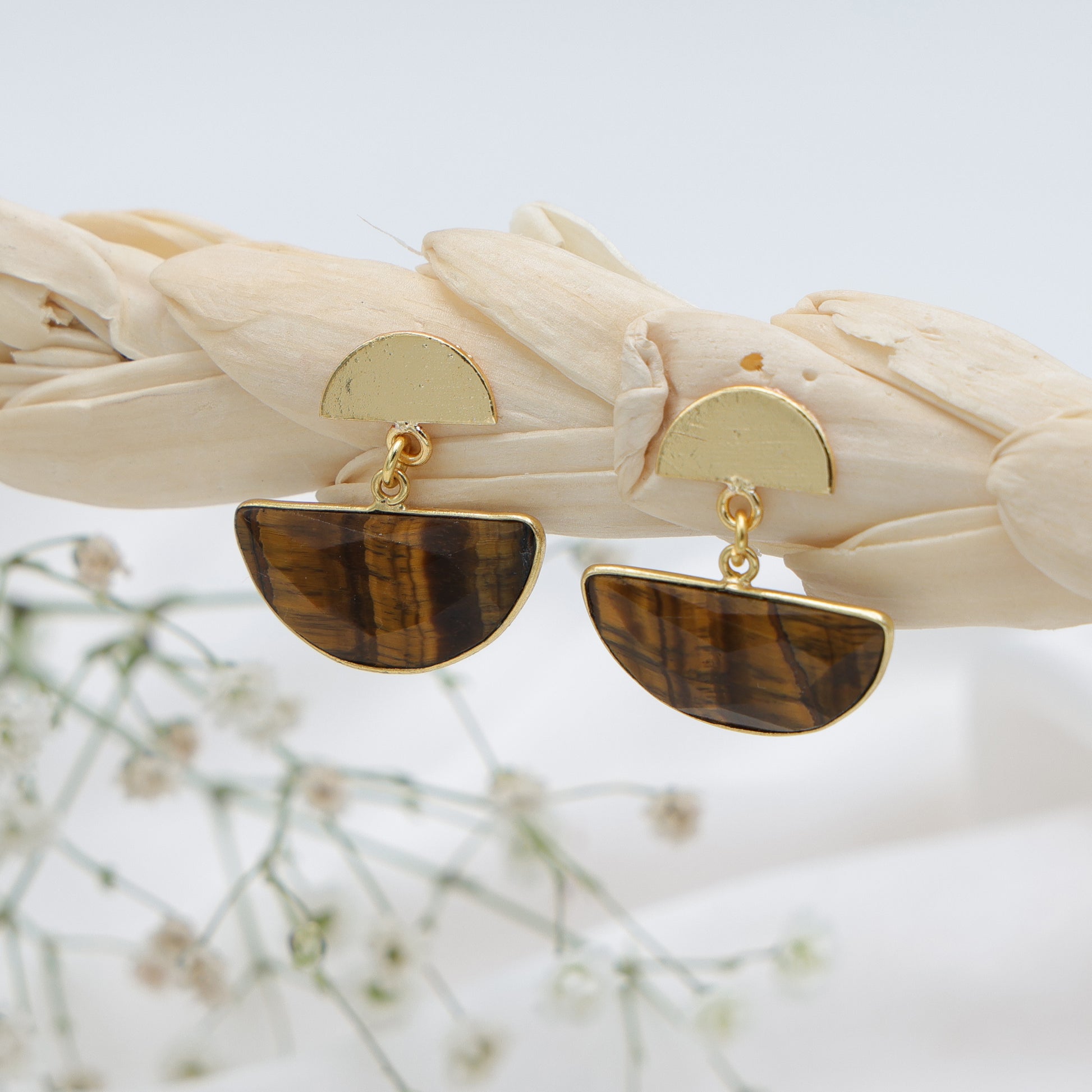 Dua Tiger Eye Half Moon Earrings – Handmade Gold-Plated Statement Jewelry - Dua Online