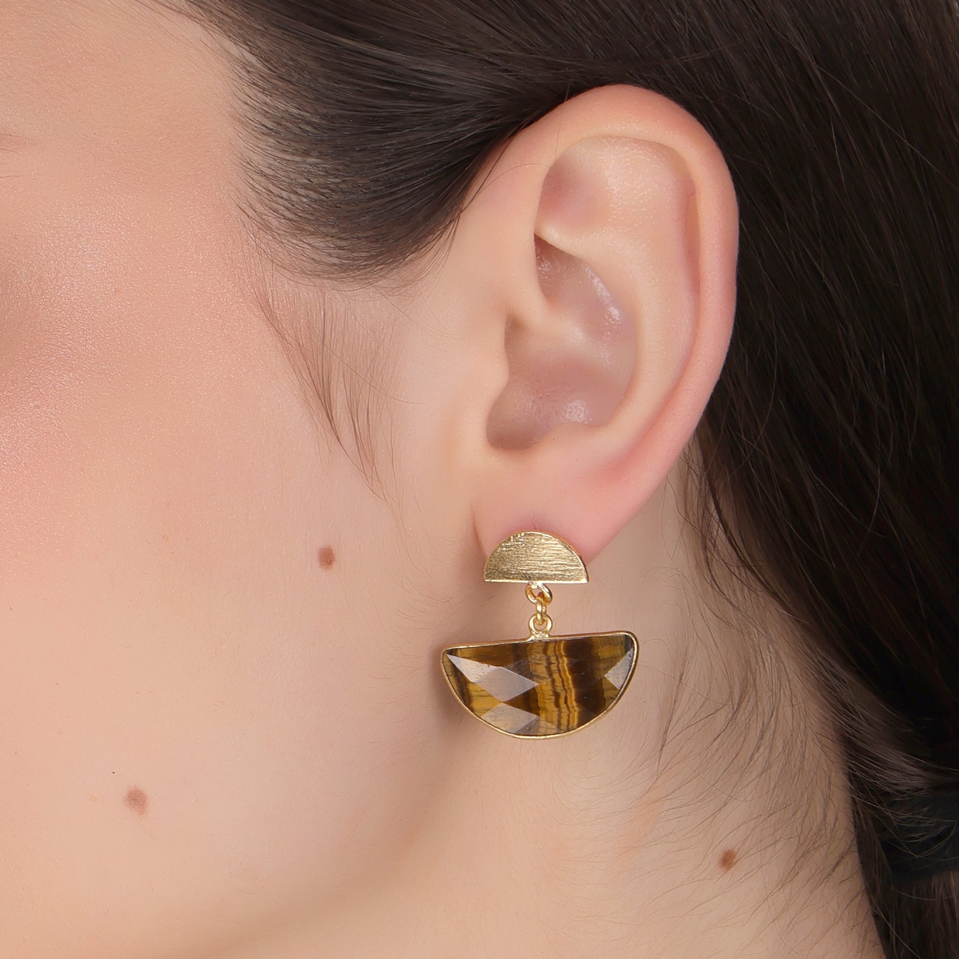Dua Tiger Eye Half Moon Earrings – Handmade Gold-Plated Statement Jewelry - Dua Online