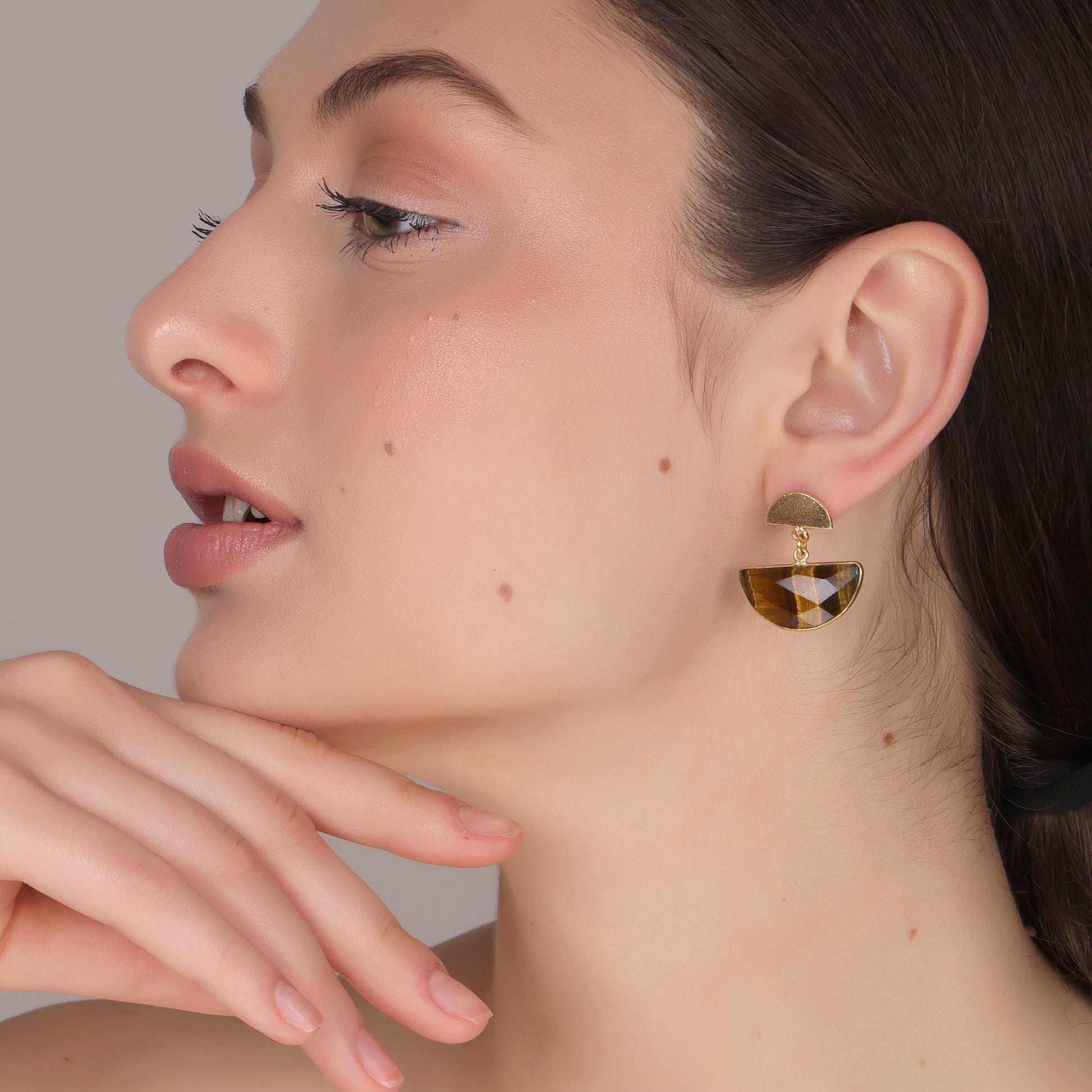 Dua Tiger Eye Half Moon Earrings – Handmade Gold-Plated Statement Jewelry - Dua Online