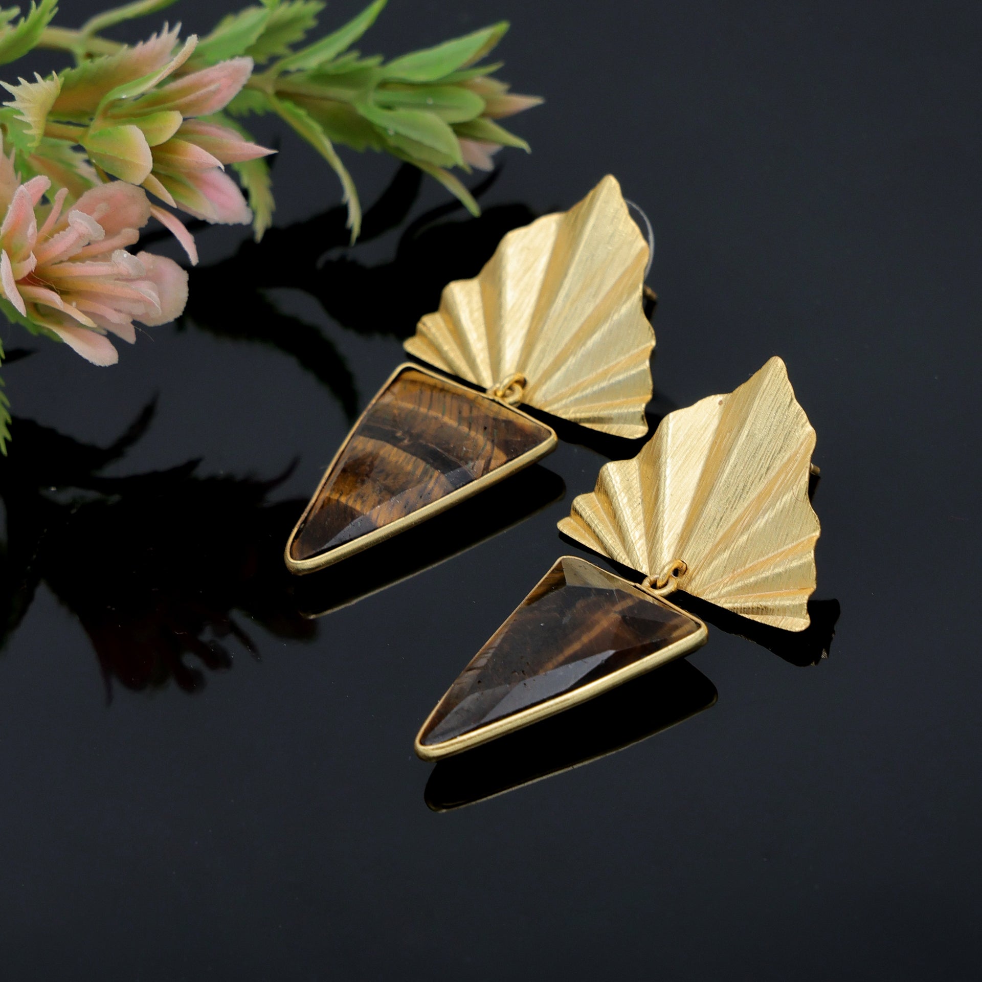 DuaTigerEyeTriangleEarringsHandmadeGoldPlatedBohoJewelryforWomen