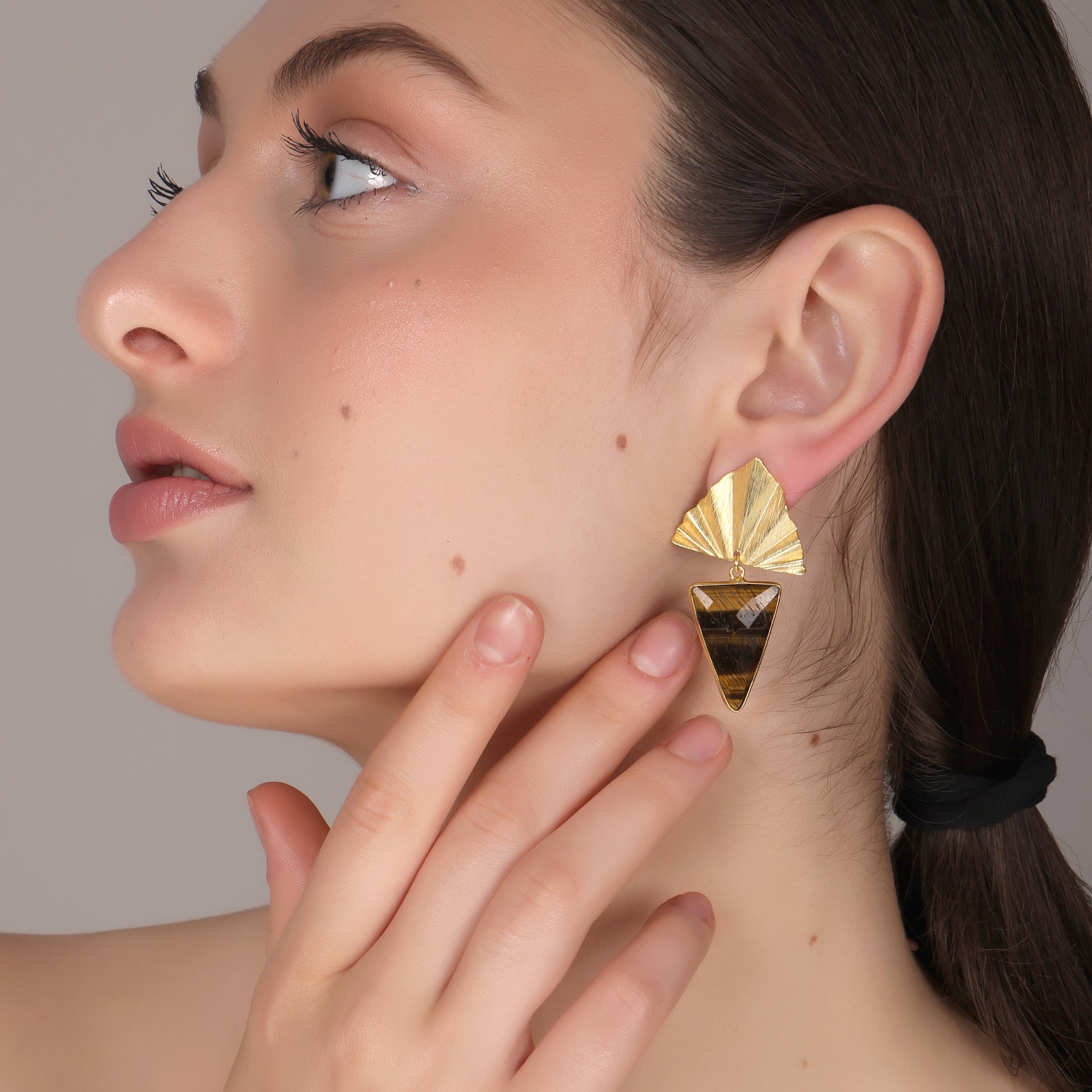 DuaTigerEyeTriangleEarringsHandmadeGoldPlatedBohoJewelryforWomen