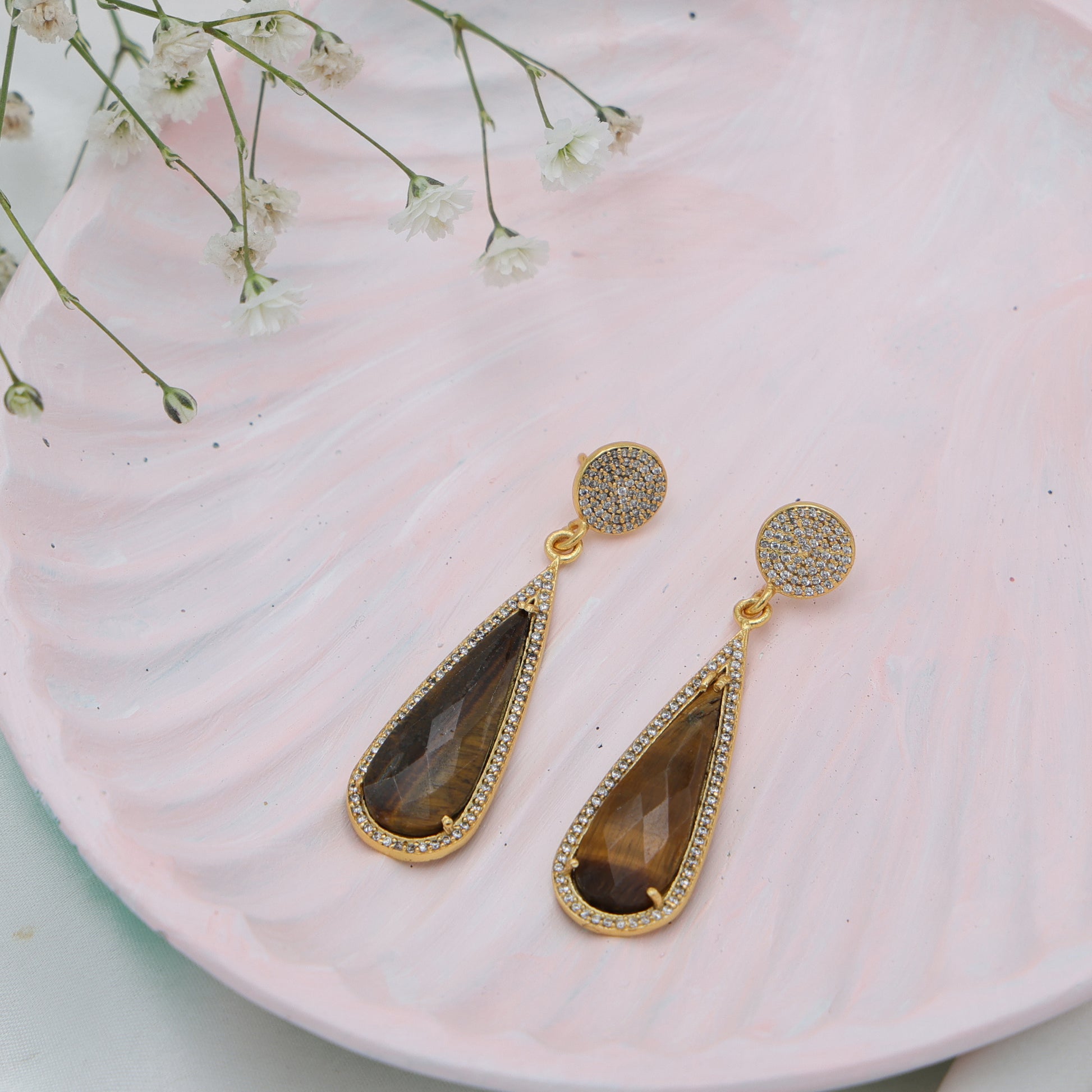 Dua Tiger Eye and CZ Earrings – Handmade Gold-Plated Elegant Jewelry - Dua Online