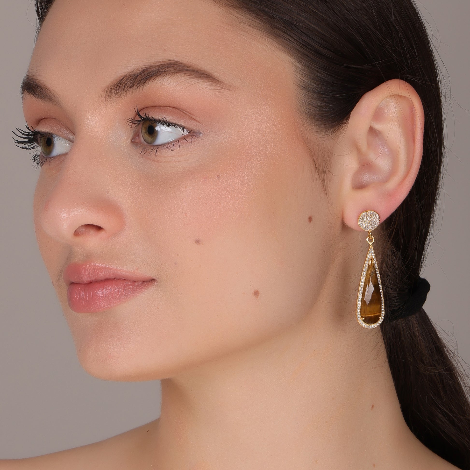 Dua Tiger Eye and CZ Earrings – Handmade Gold-Plated Elegant Jewelry - Dua Online