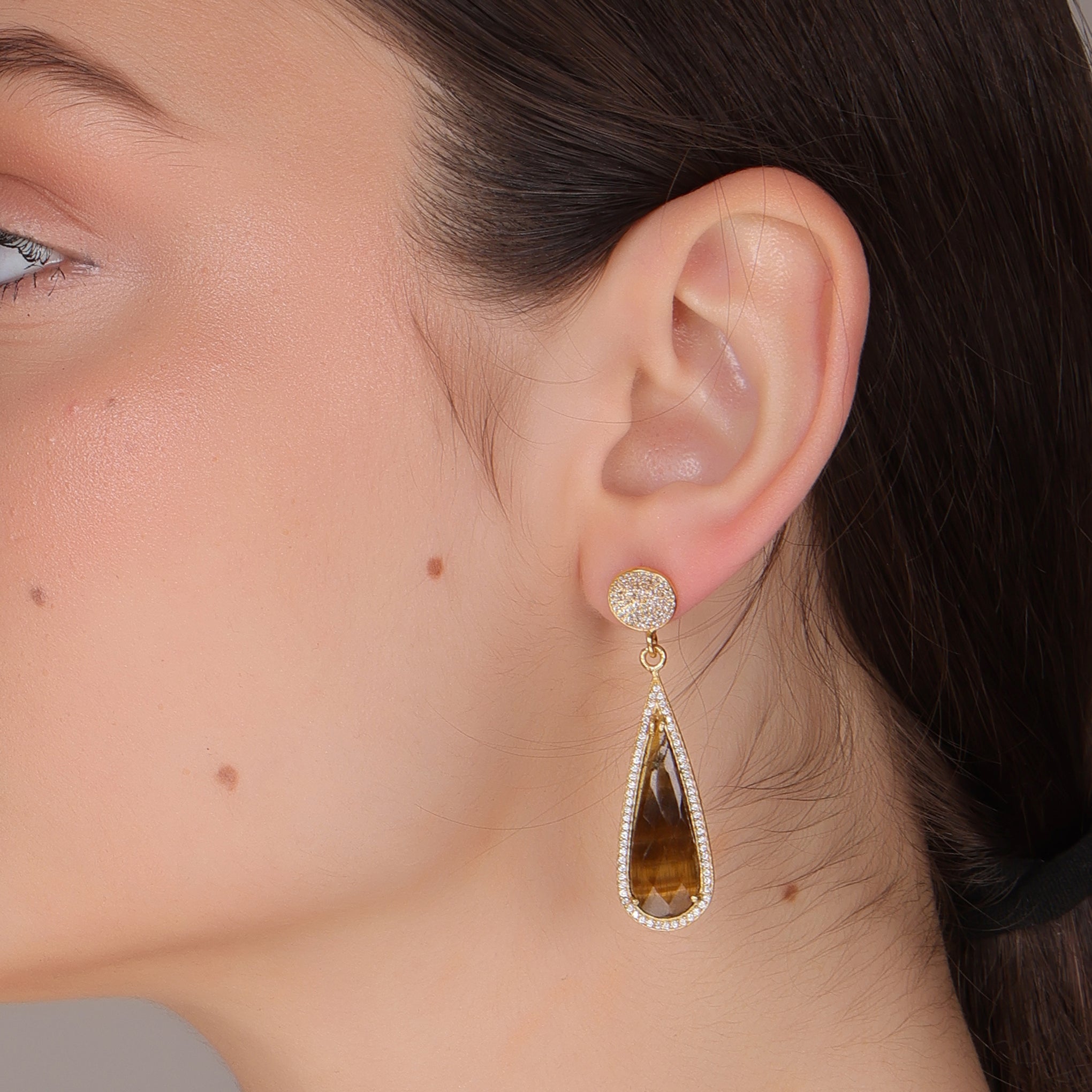 Dua Tiger Eye and CZ Earrings – Handmade Gold-Plated Elegant Jewelry - Dua Online