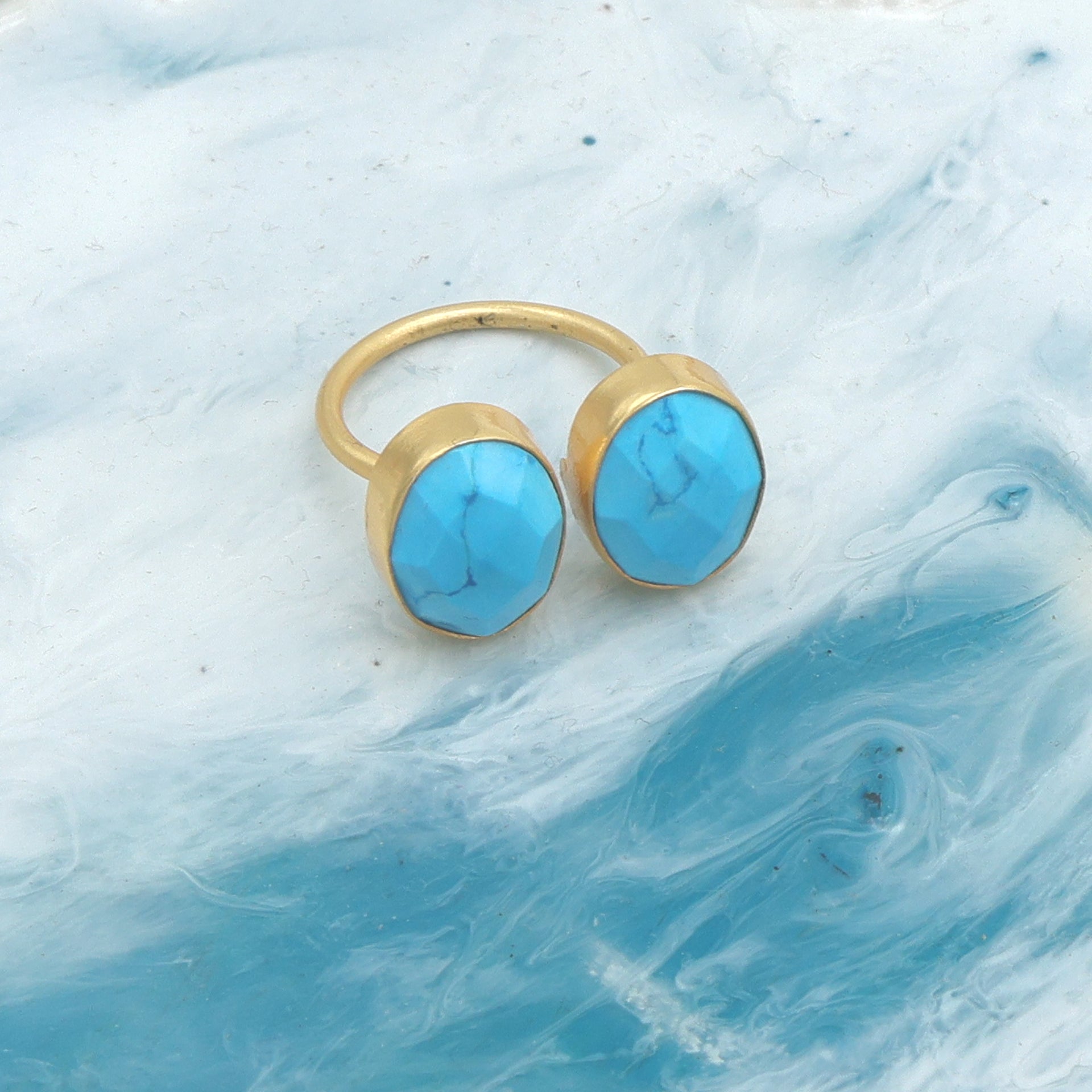 Dua Turquoise Oval Adjustable Ring | Gold Plated Brass Jewelry for Women