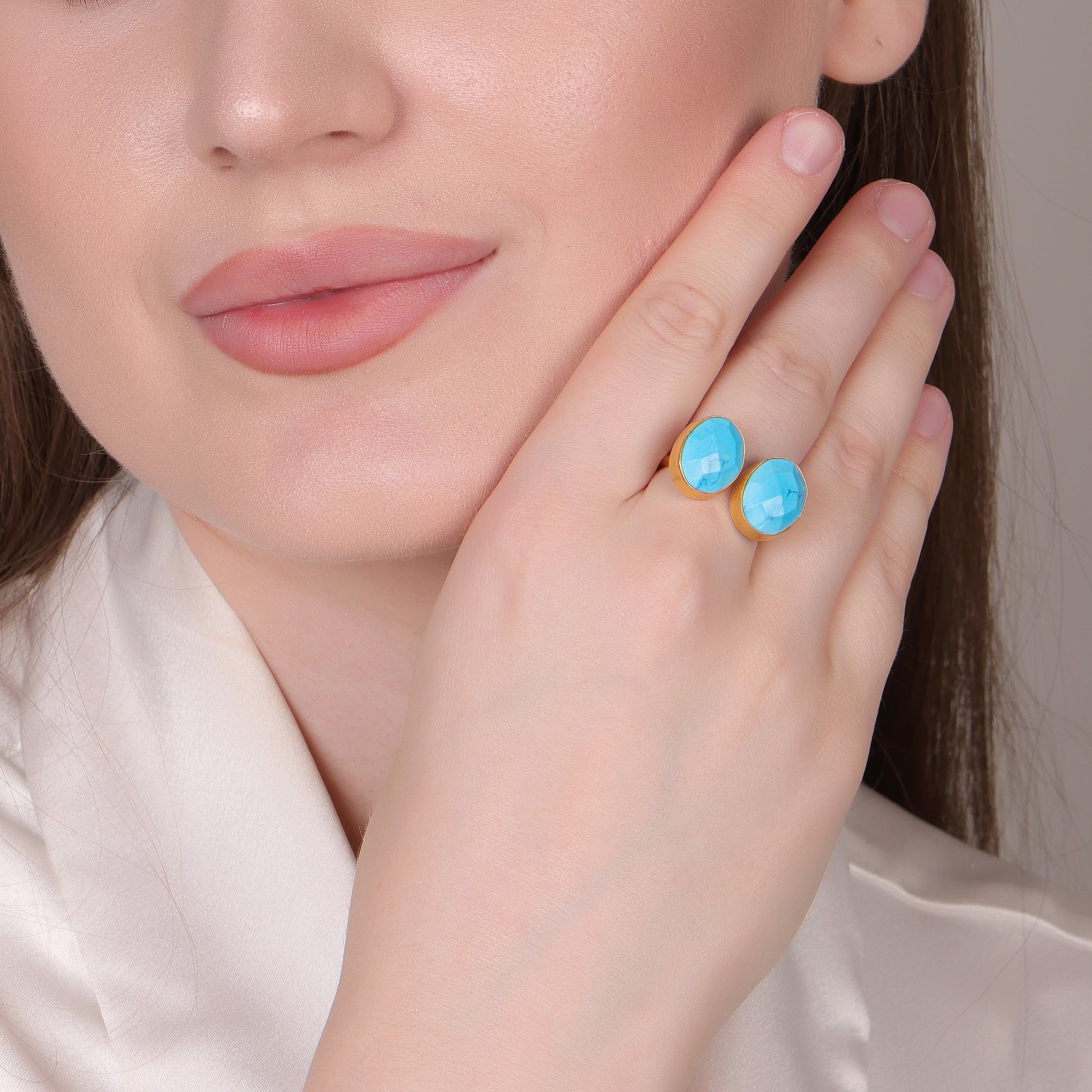 Dua Turquoise Oval Adjustable Ring | Gold Plated Brass Jewelry for Women
