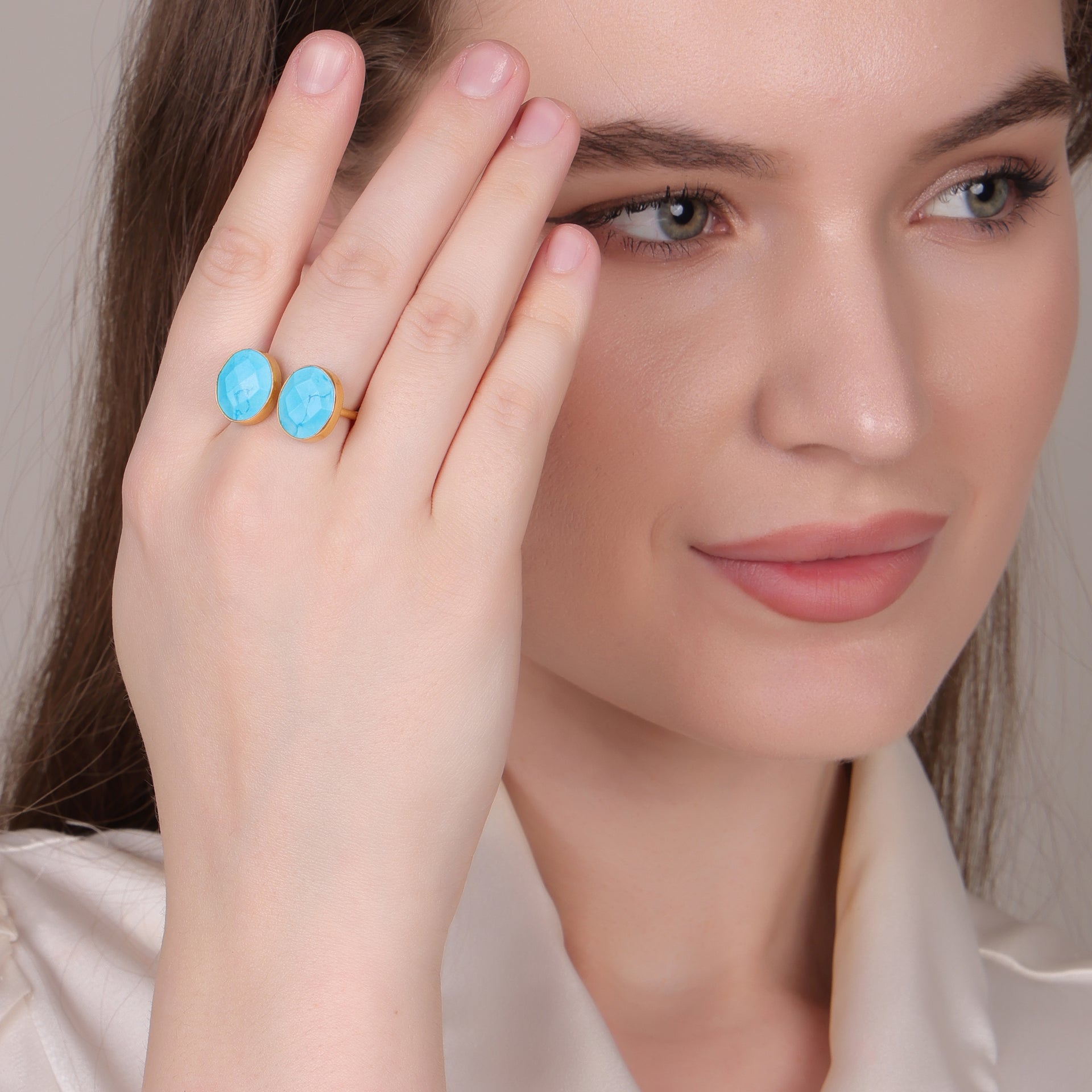 Dua Turquoise Oval Adjustable Ring | Gold Plated Brass Jewelry for Women