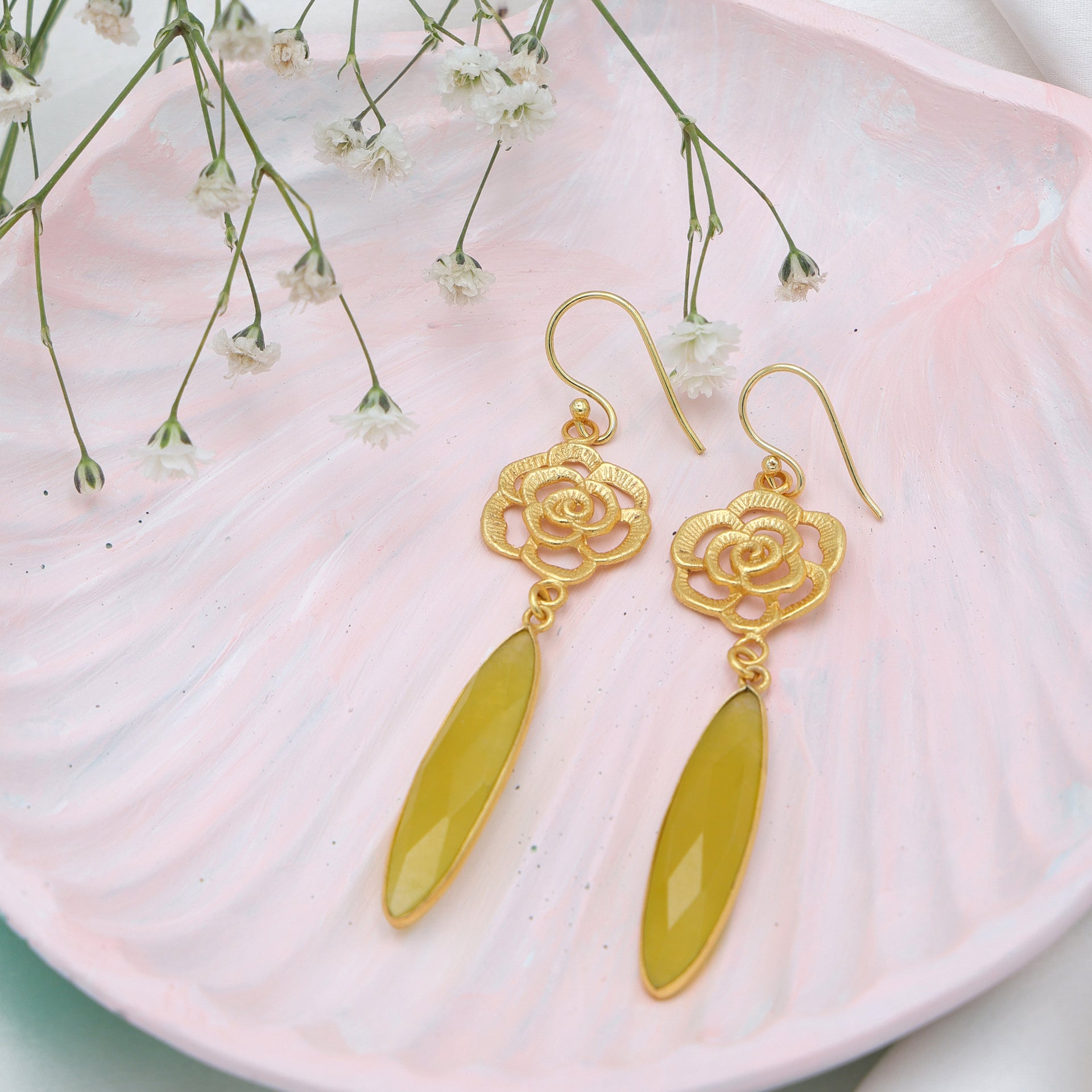 Dua Yellow Jade Flower Earrings – Handmade Gold-Plated Elegant Jewelry - Dua Online