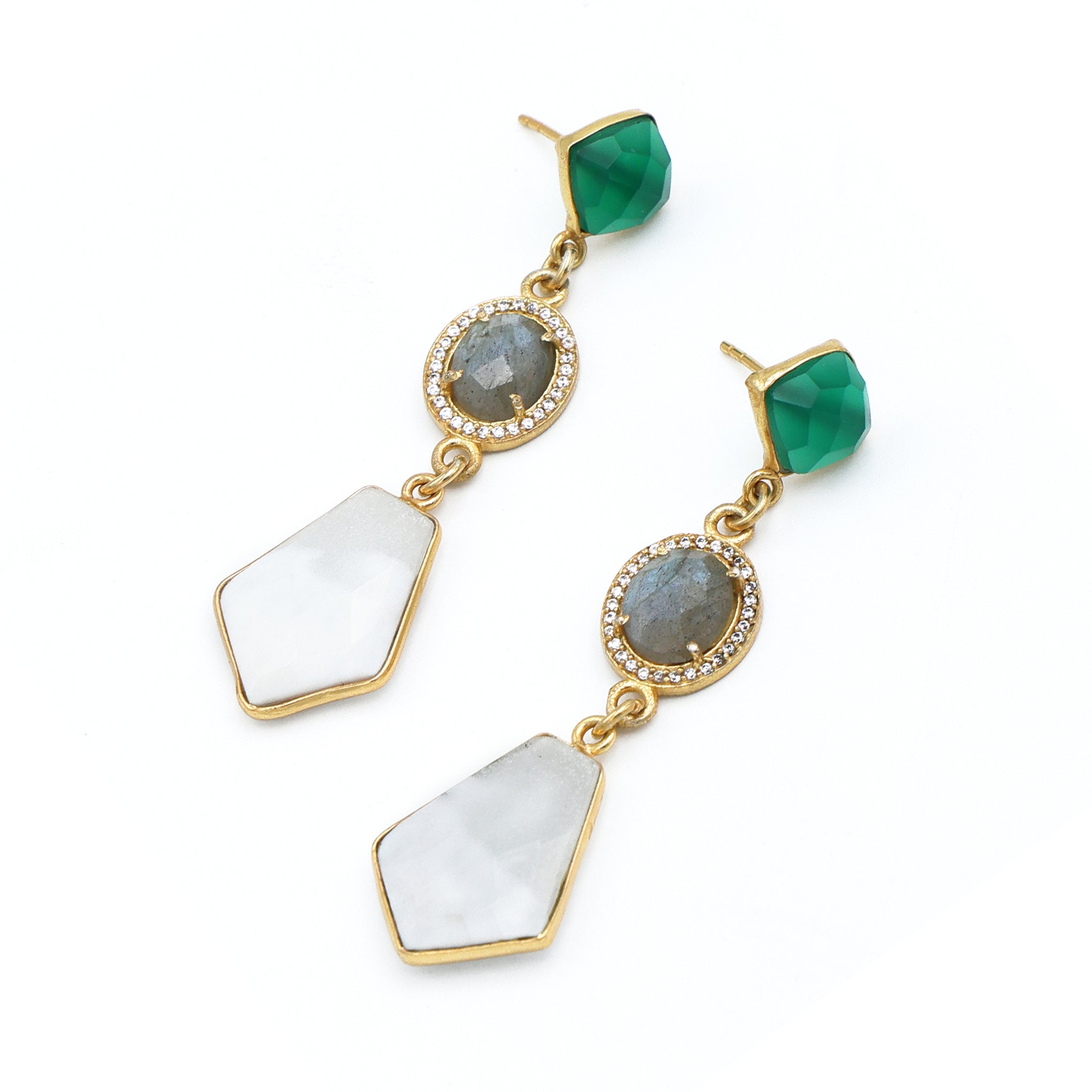 Green Onyx, Labradorite & Lace Agate Gold-Plated Earrings – Handcrafted Boho Chic Jewelry for Women