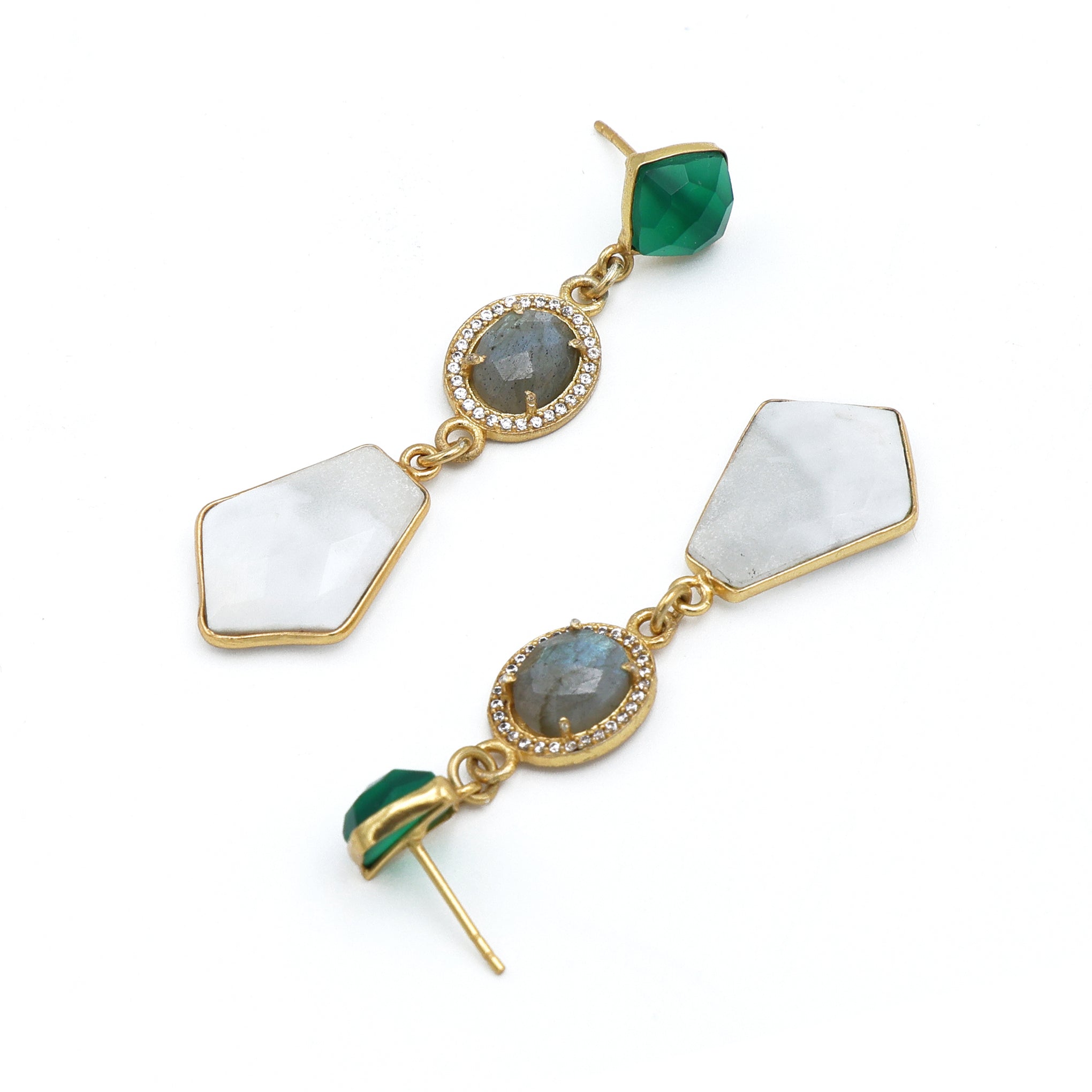Green Onyx, Labradorite & Lace Agate Gold-Plated Earrings – Handcrafted Boho Chic Jewelry for Women