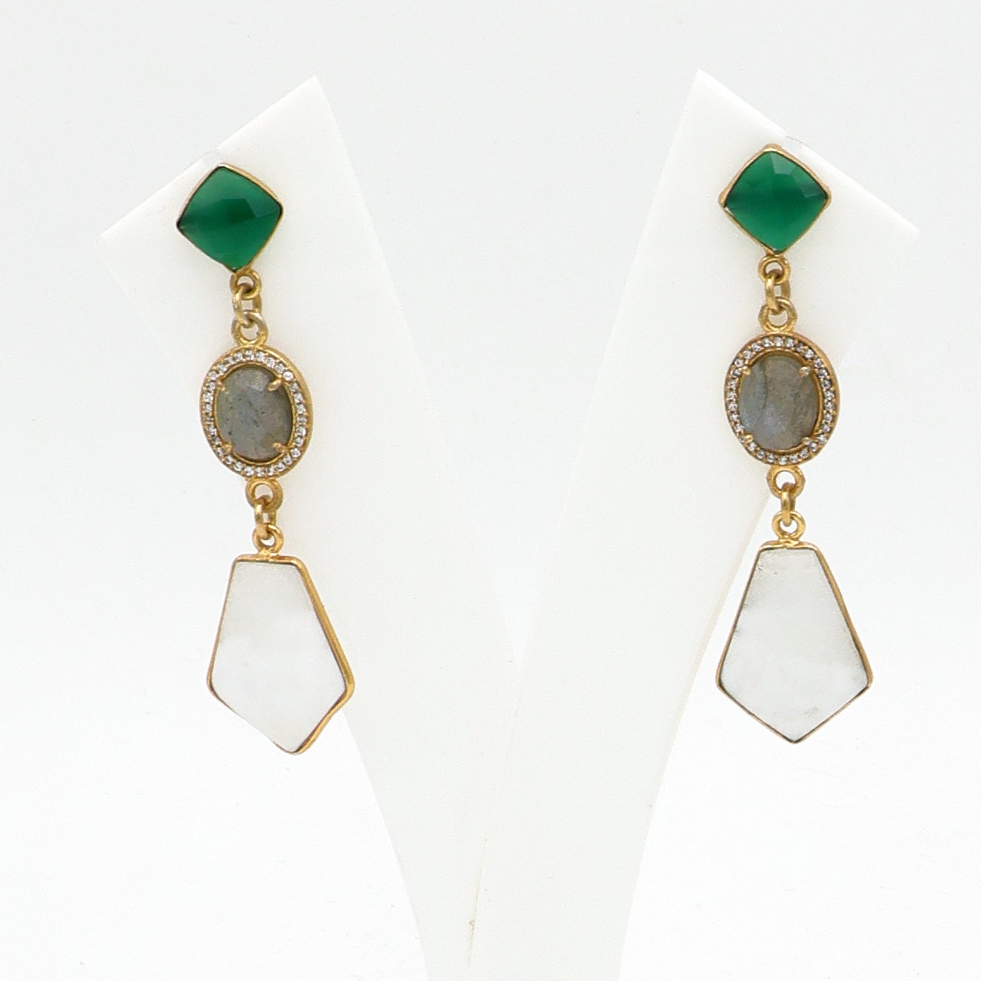 Green Onyx, Labradorite & Lace Agate Gold-Plated Earrings – Handcrafted Boho Chic Jewelry for Women
