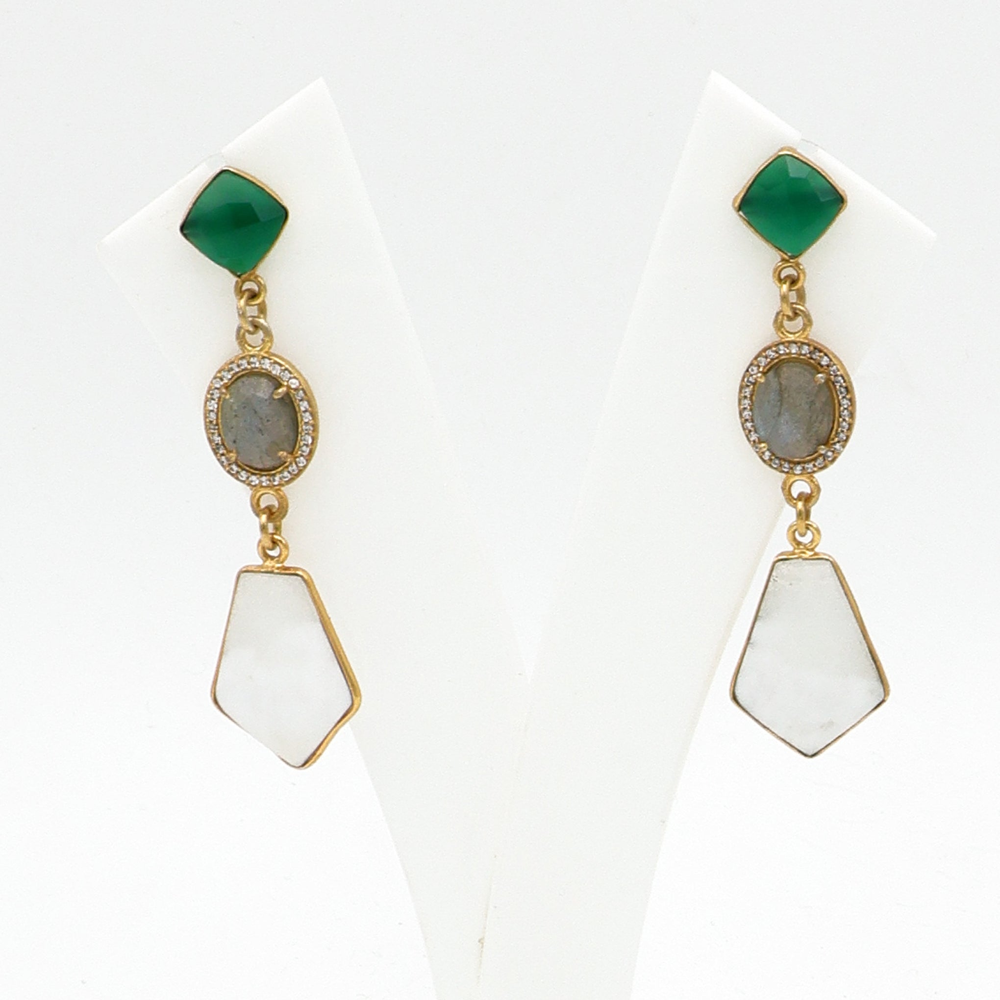 Green Onyx, Labradorite & Lace Agate Gold-Plated Earrings – Handcrafted Boho Chic Jewelry for Women