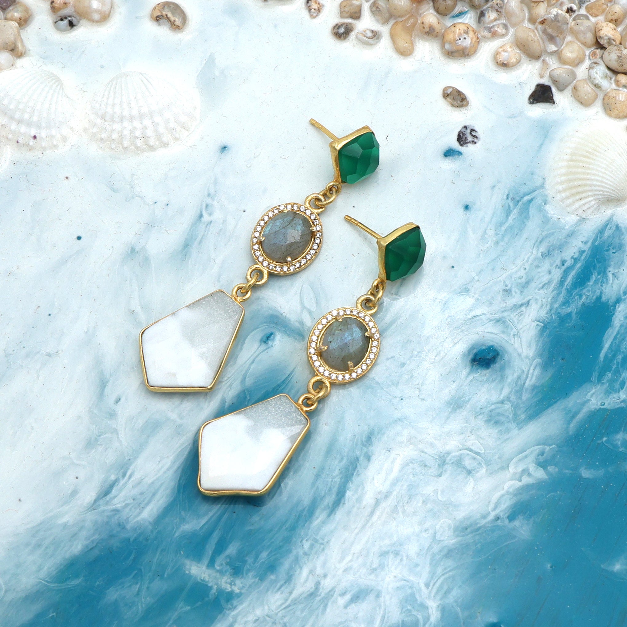 Green Onyx, Labradorite & Lace Agate Gold-Plated Earrings – Handcrafted Boho Chic Jewelry for Women