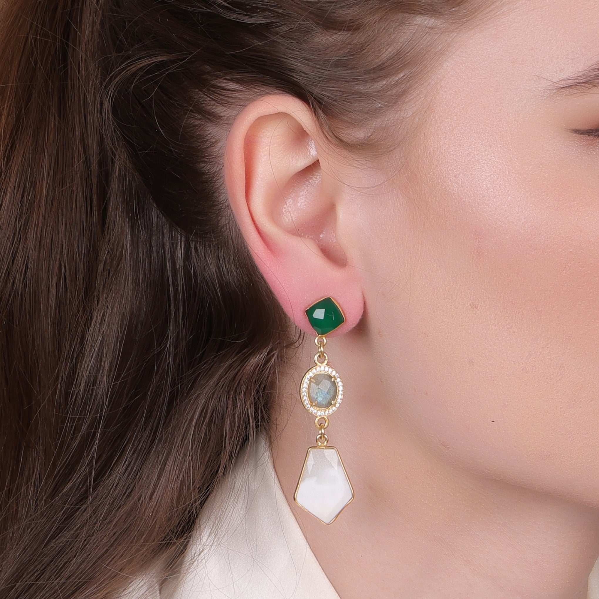 Green Onyx, Labradorite & Lace Agate Gold-Plated Earrings – Handcrafted Boho Chic Jewelry for Women