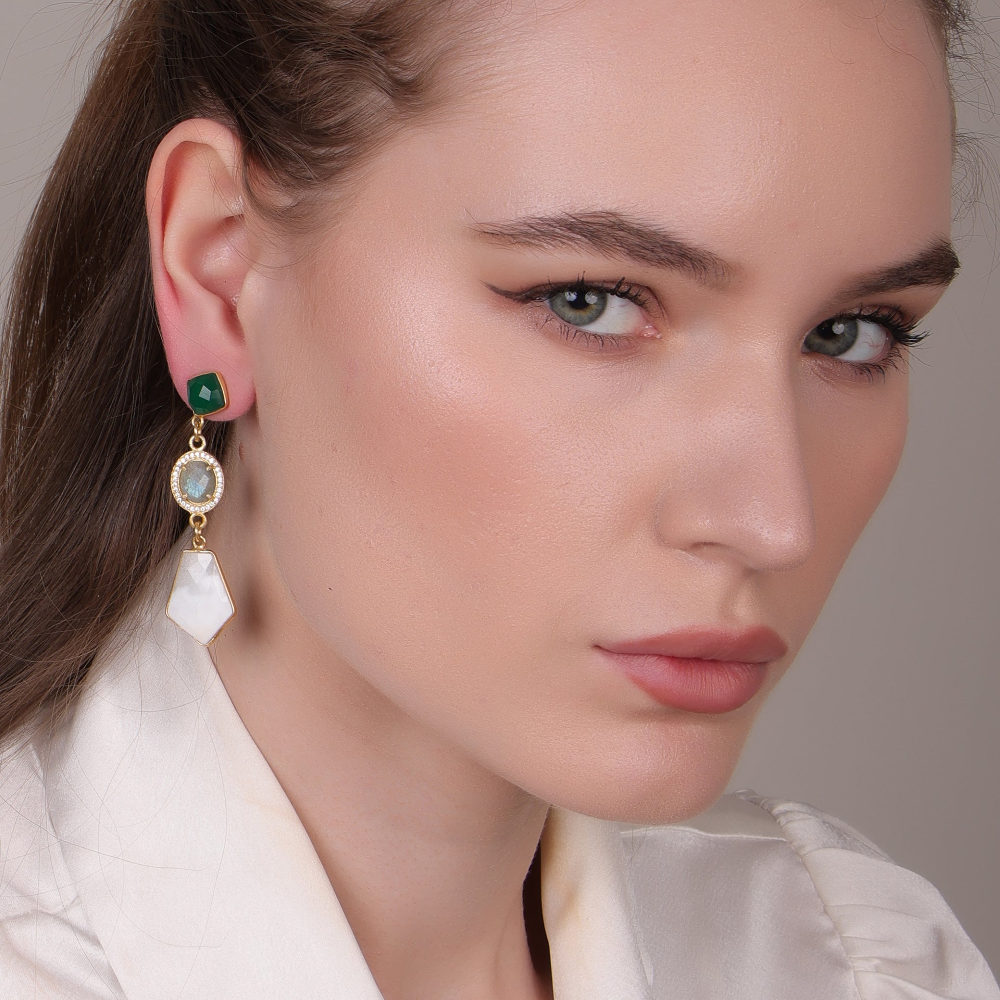 Green Onyx, Labradorite & Lace Agate Gold-Plated Earrings – Handcrafted Boho Chic Jewelry for Women