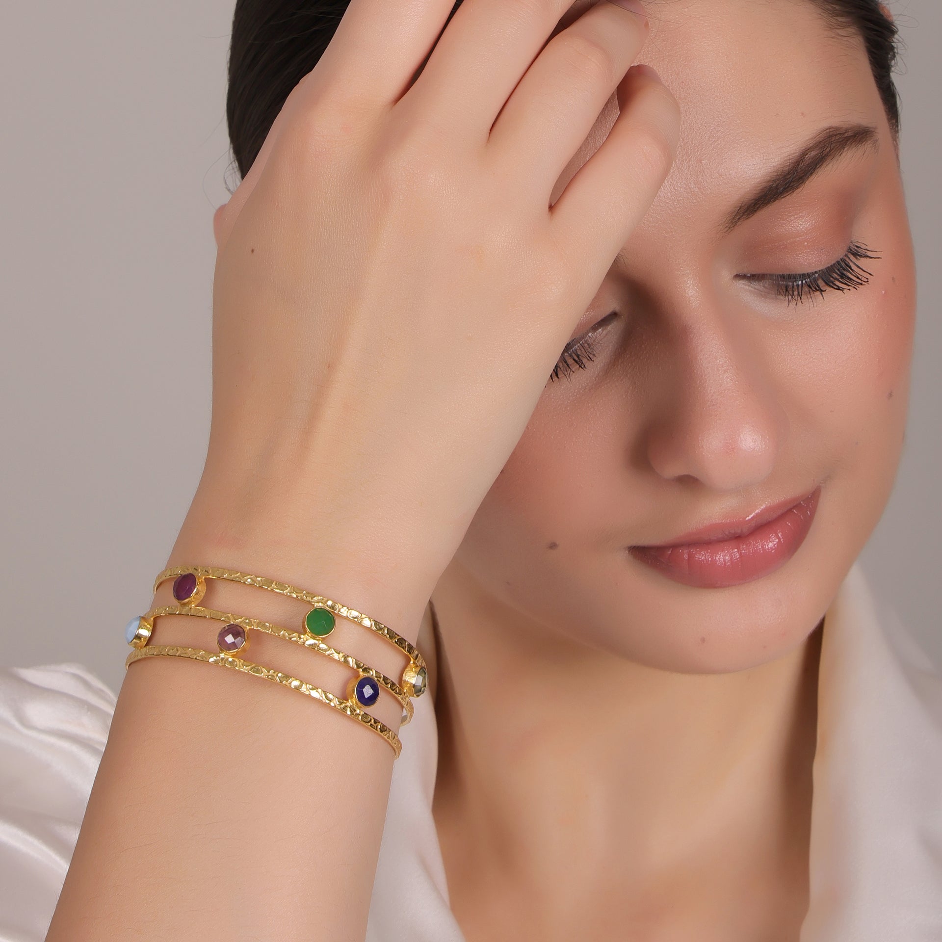 Multicolor Jade Bangle Bracelet – Gold Plated Brass Statement Jewelry