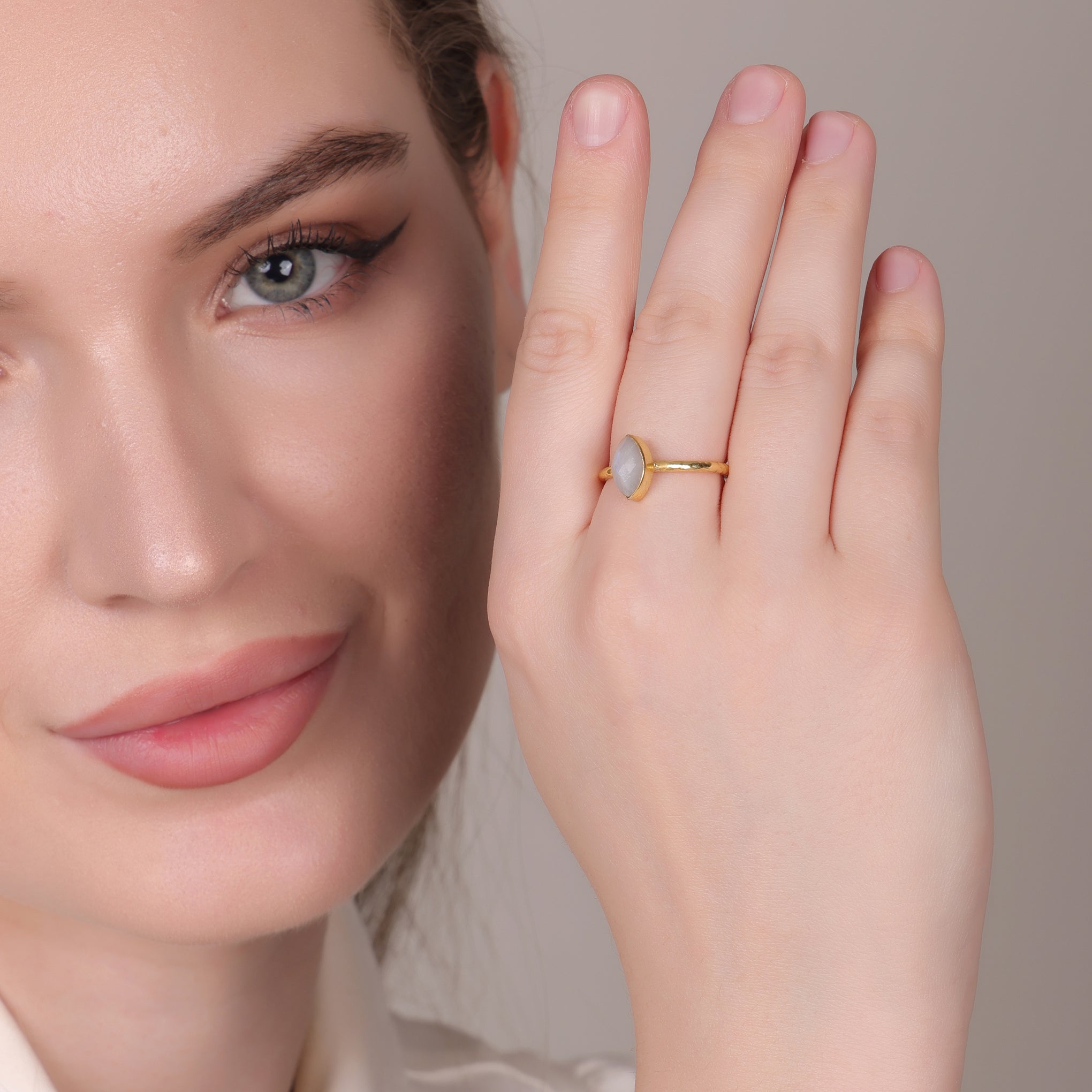 Rainbow Moonstone Marquise Ring – Contemporary Gold-Plated Adjustable Design