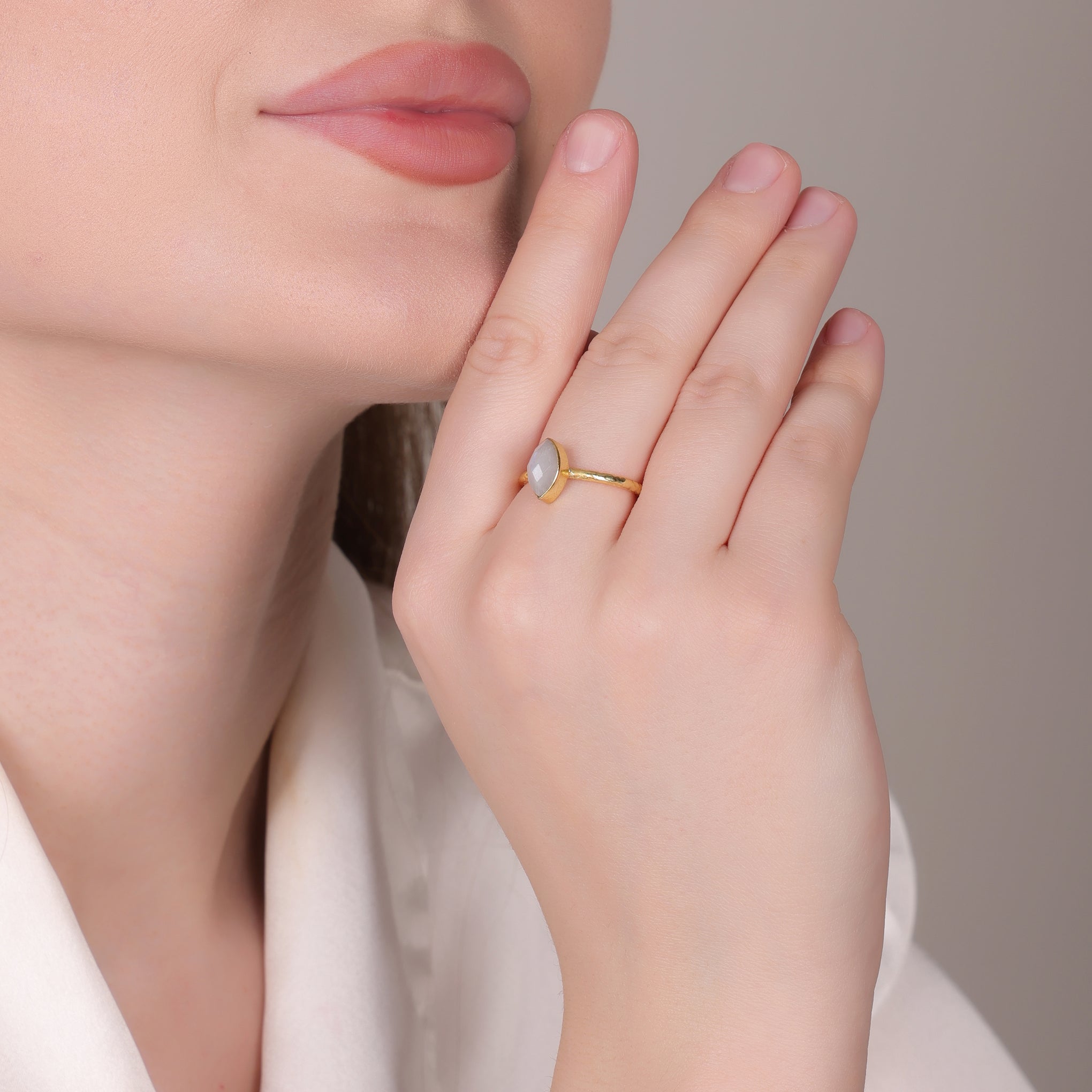 Rainbow Moonstone Marquise Ring – Contemporary Gold-Plated Adjustable Design