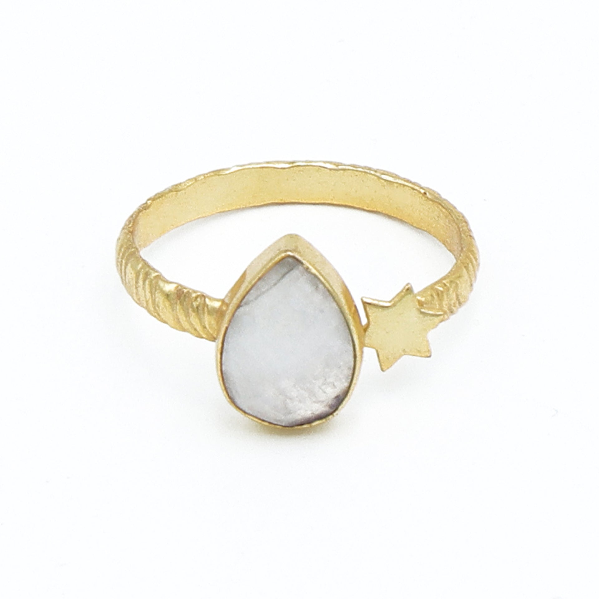 Rainbow Moonstone Pear Ring – Gold-Plated Adjustable Statement Jewelry