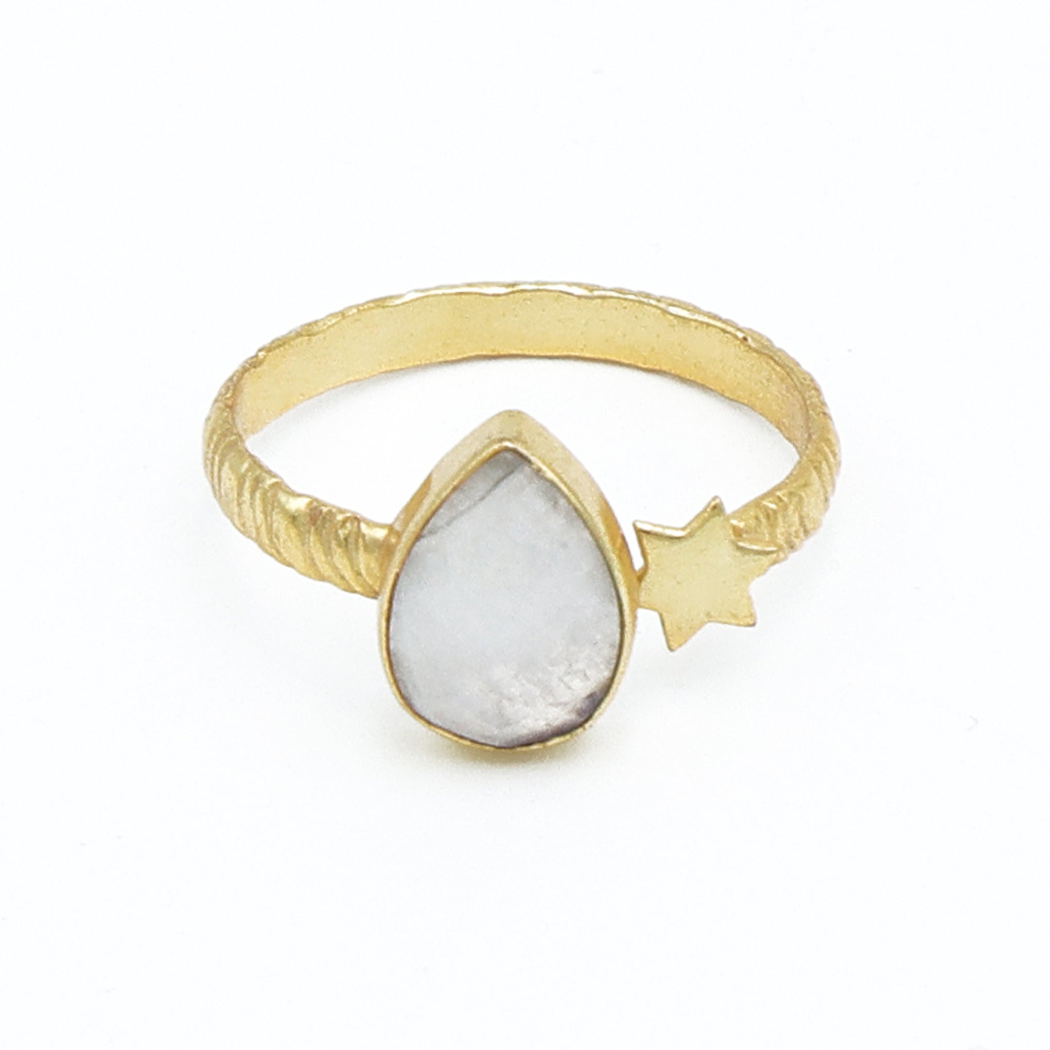Rainbow Moonstone Pear Ring – Gold-Plated Adjustable Statement Jewelry