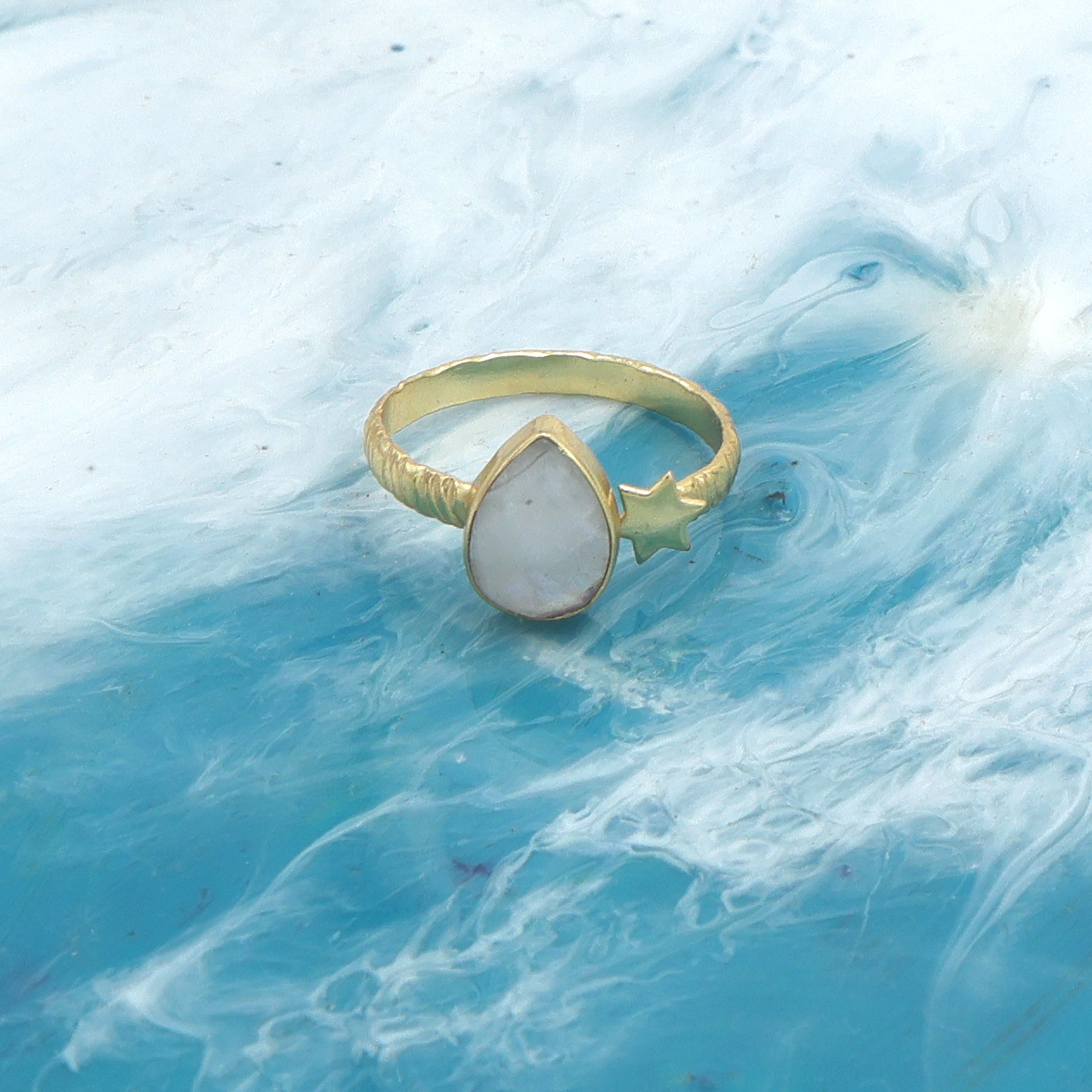 Rainbow Moonstone Pear Ring – Gold-Plated Adjustable Statement Jewelry