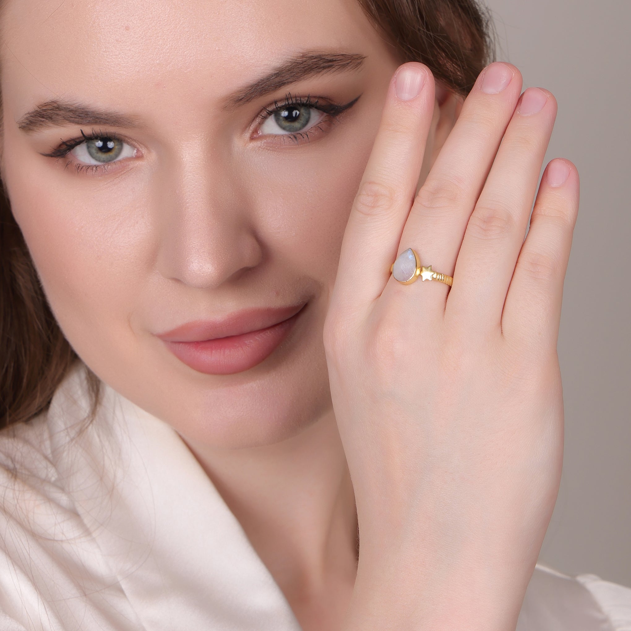 Rainbow Moonstone Pear Ring – Gold-Plated Adjustable Statement Jewelry