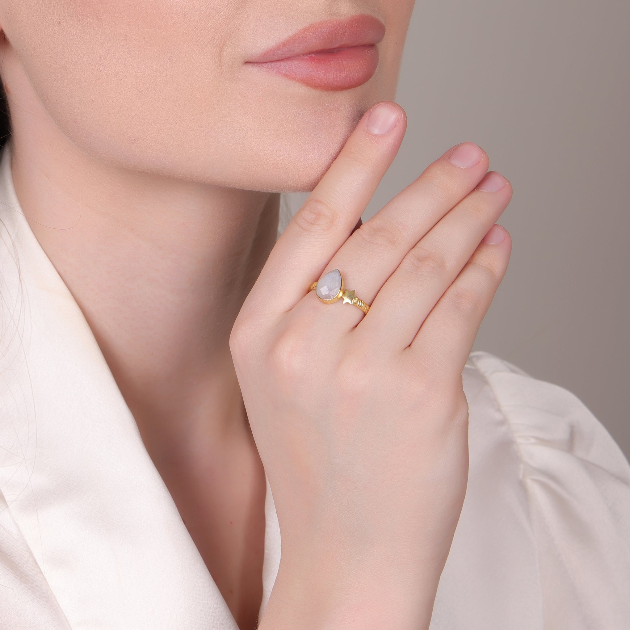Rainbow Moonstone Pear Ring – Gold-Plated Adjustable Statement Jewelry