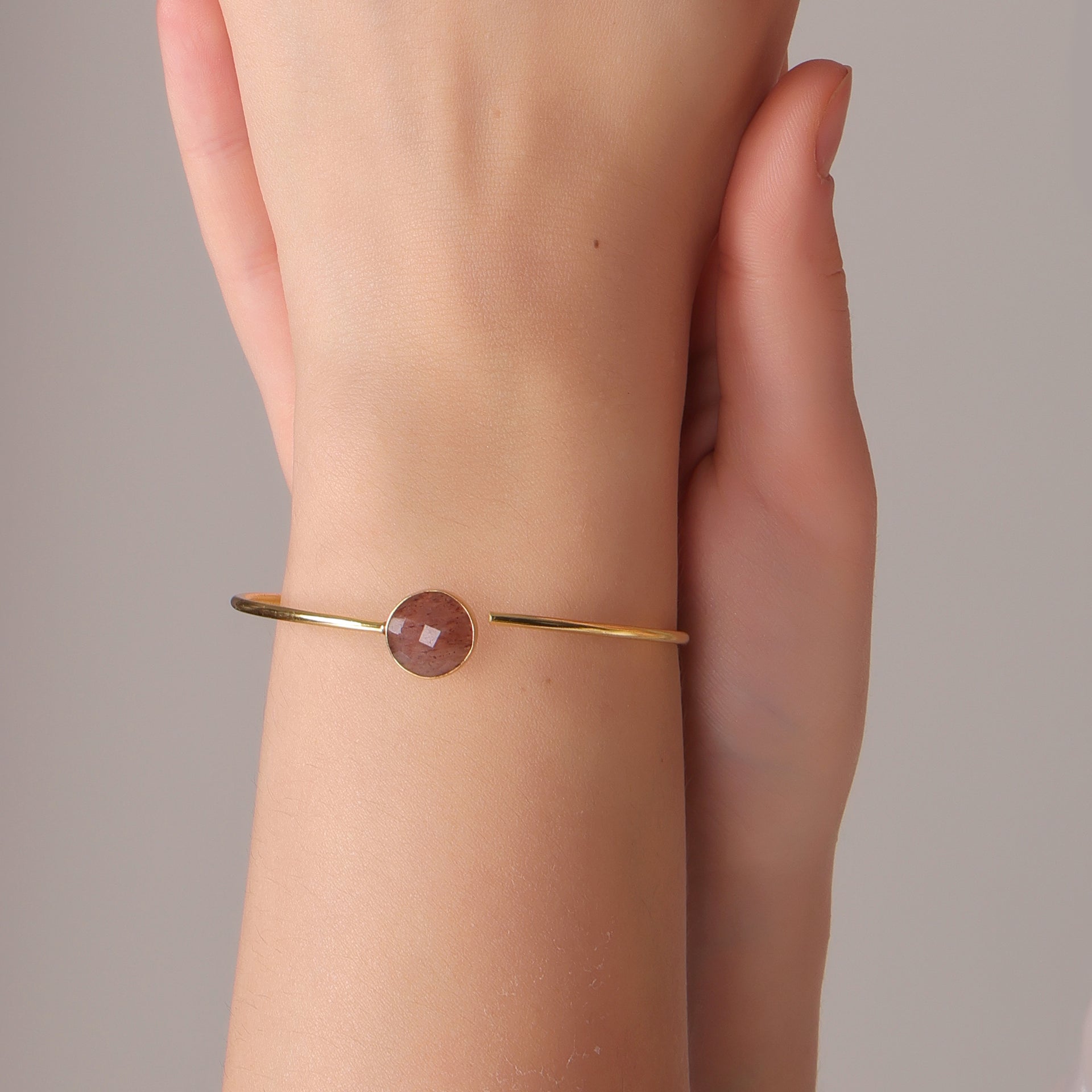 StrawberryQuartzBangleBraceletGoldPlatedBrassBrownCrystalJewelry