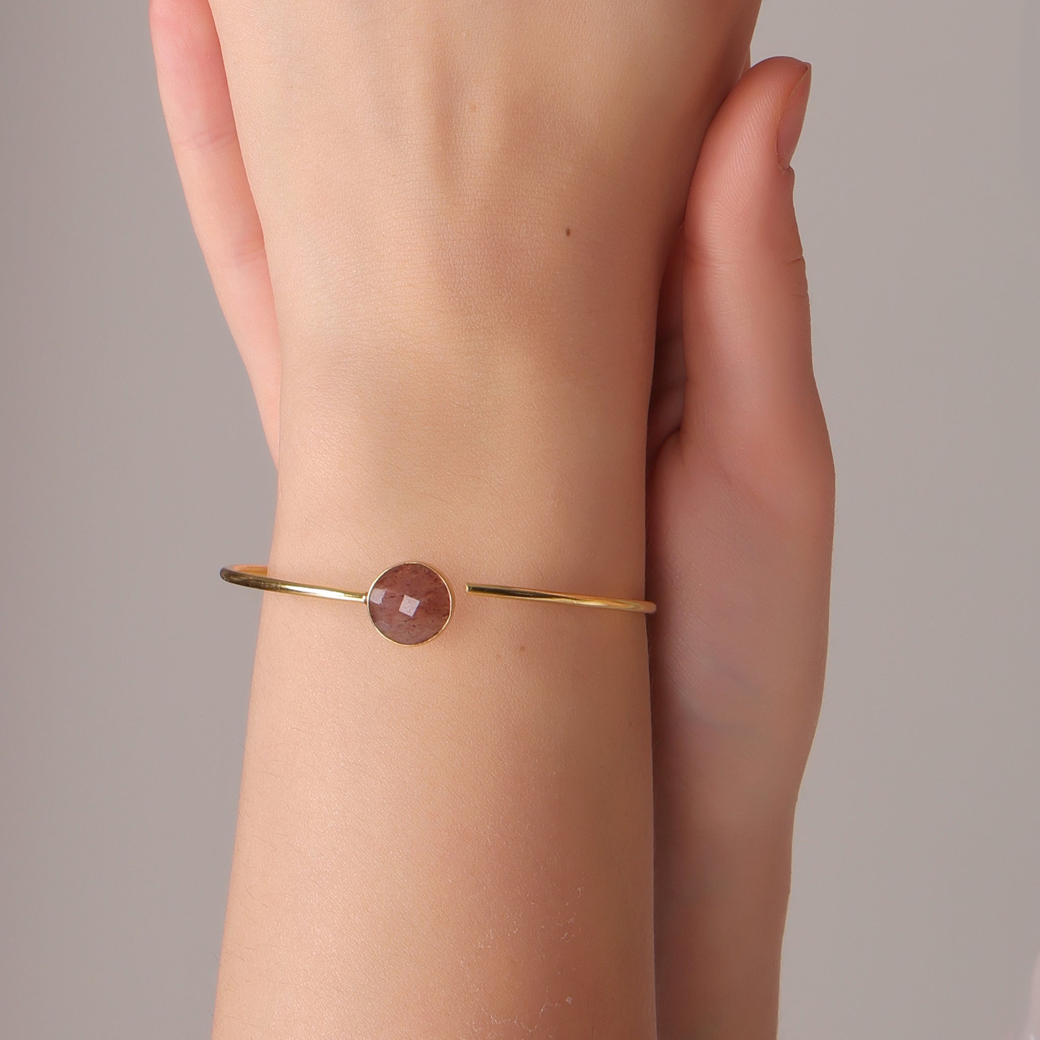 StrawberryQuartzBangleBraceletGoldPlatedBrassBrownCrystalJewelry