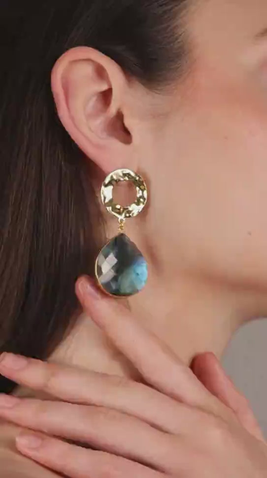 Dua Labradorite Heart Earrings – Handmade Gold-Plated Statement Jewelry