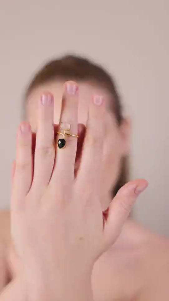 Dua Crystal & Black Onyx Rectangle Pear Ring | Unique Gold Plated Jewelry