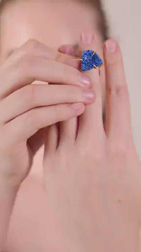 Dua Peacock Druzy Gold-Plated Adjustable Ring – Artistic Boho Jewelry for Women