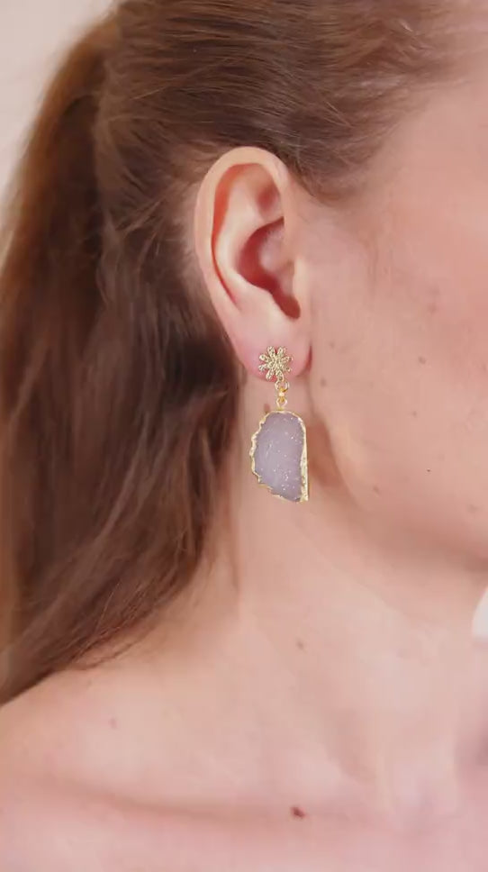 Dua Drusy Leaf Earrings – Handmade Gold-Plated Unique Jewelry for Women